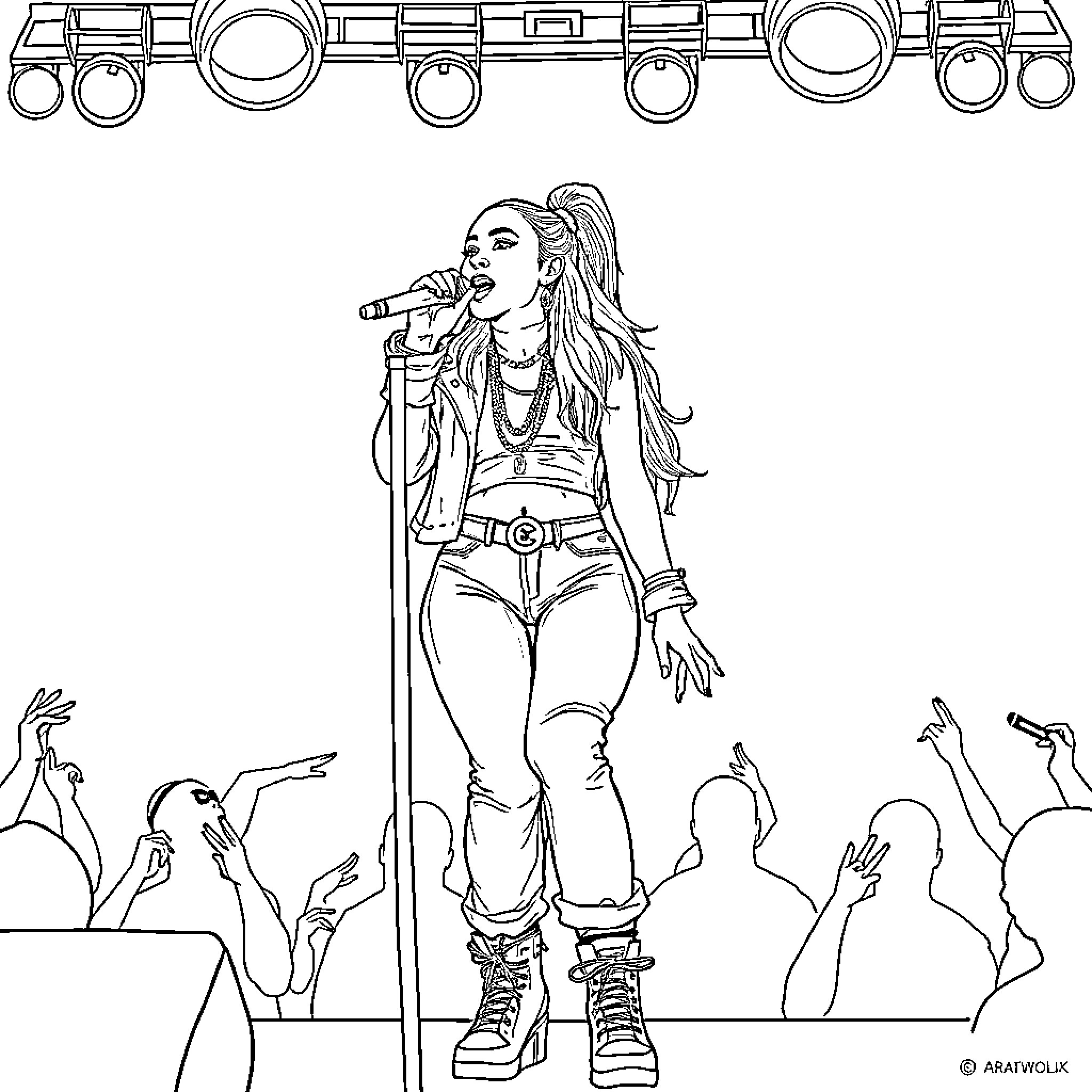Ariana Grande performing passionately on stage Coloring Page (free black-and-white line drawing printable PDF for all, from beginners to advanced learners, including children, teens, adults, and seniors)