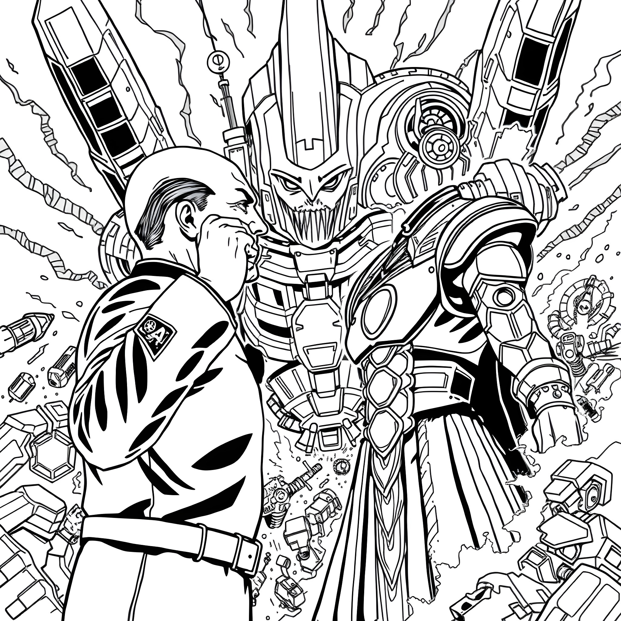 Captain Picard confronts a powerful alien being Coloring Page (free black-and-white line drawing printable PDF for all, from beginners to advanced learners, including children, teens, adults, and seniors)