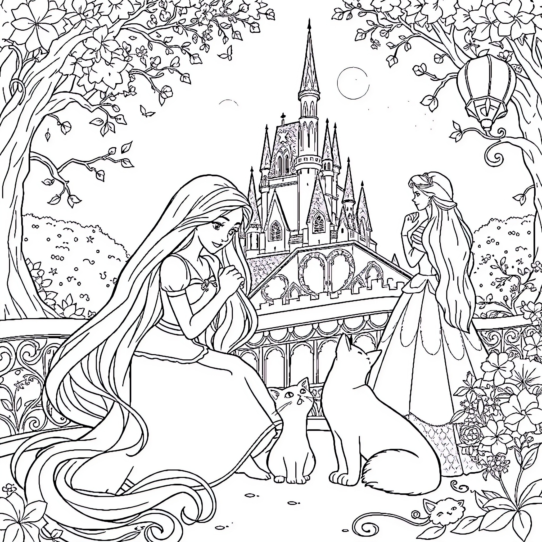 Rapunzel in a magical garden with a castle Coloring Page (free black-and-white line drawing printable PDF for all, from beginners to advanced learners, including children, teens, adults, and seniors)