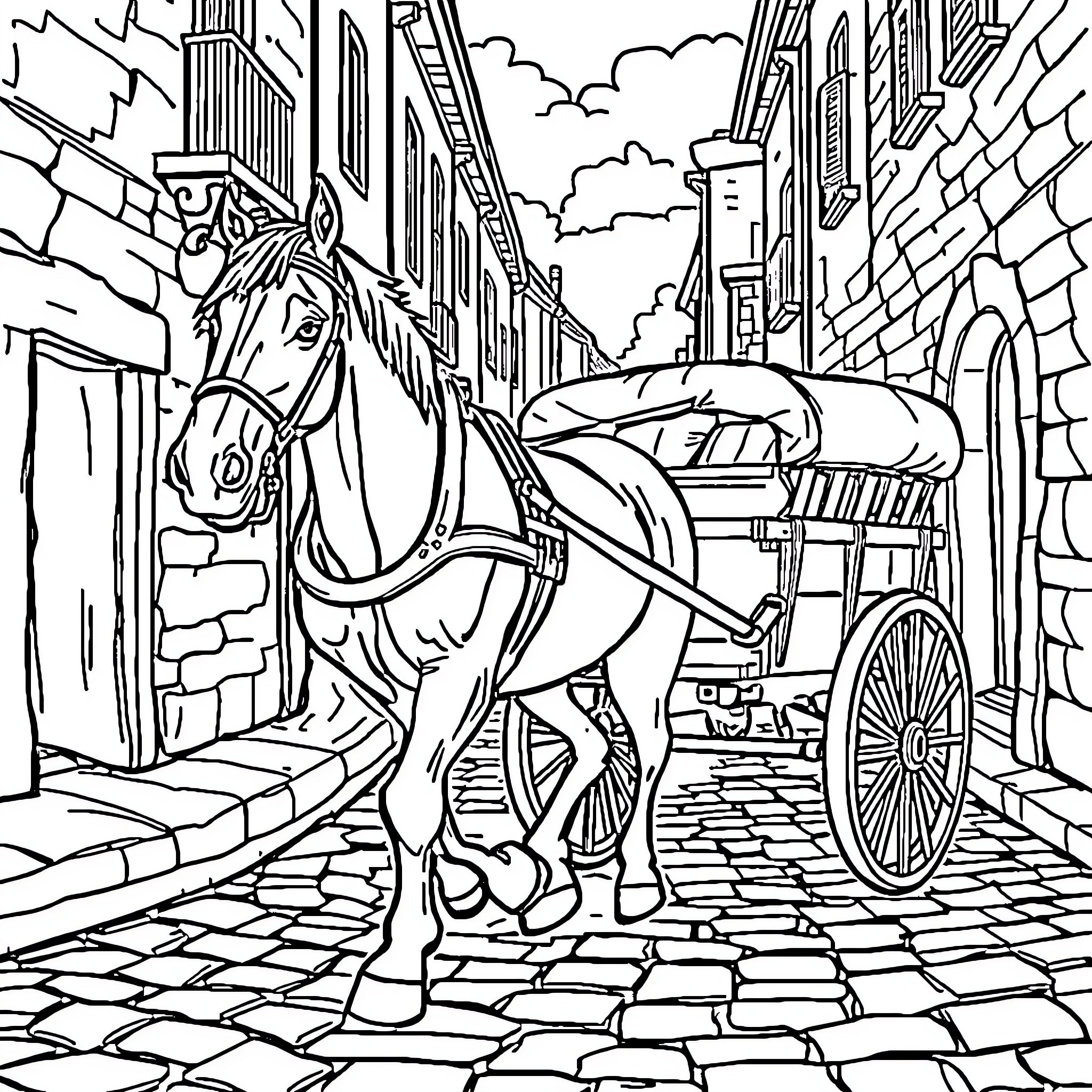 Horse-drawn carriage in historic city street Coloring Page (free black-and-white line drawing printable PDF for all, from beginners to advanced learners, including children, teens, adults, and seniors)