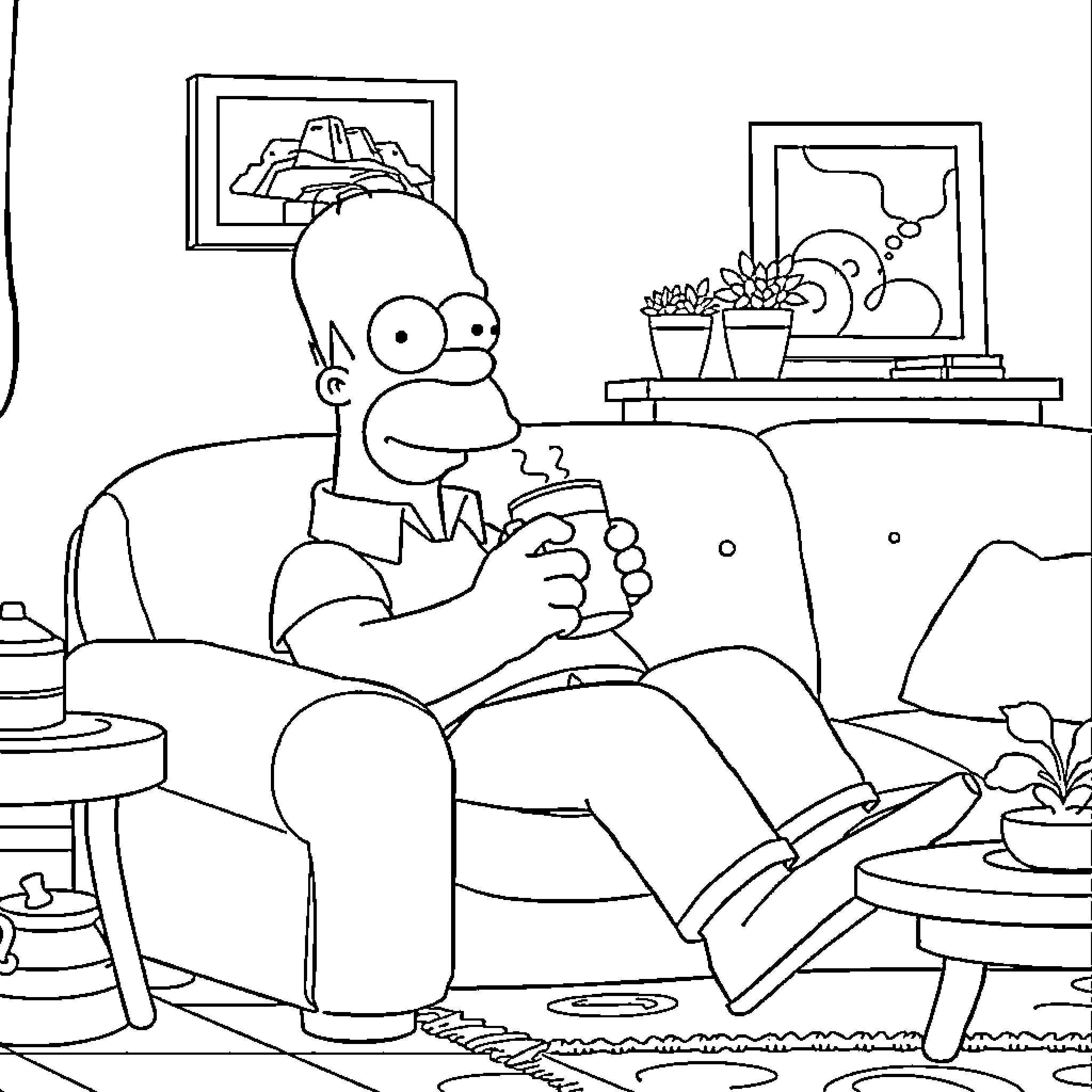 Homer Simpson relaxing on the couch with a donut Coloring Page (free black-and-white line drawing printable PDF for all, from beginners to advanced learners, including children, teens, adults, and seniors)