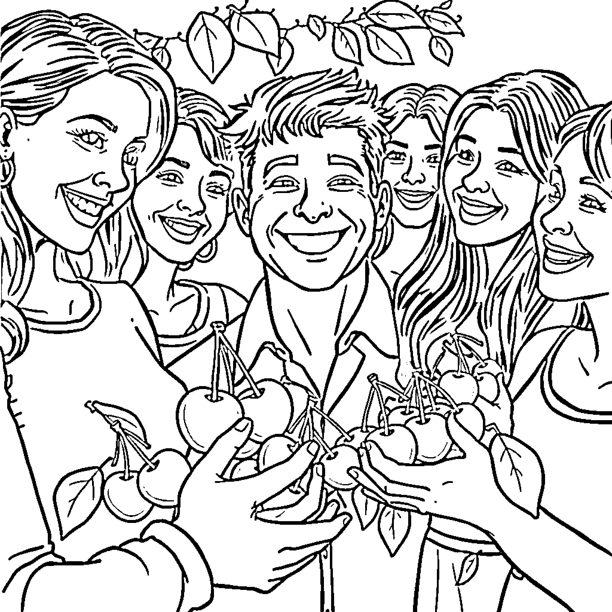 Woman and her happy family in nature Coloring Page (free black-and-white line drawing printable PDF for all, from beginners to advanced learners, including children, teens, adults, and seniors)