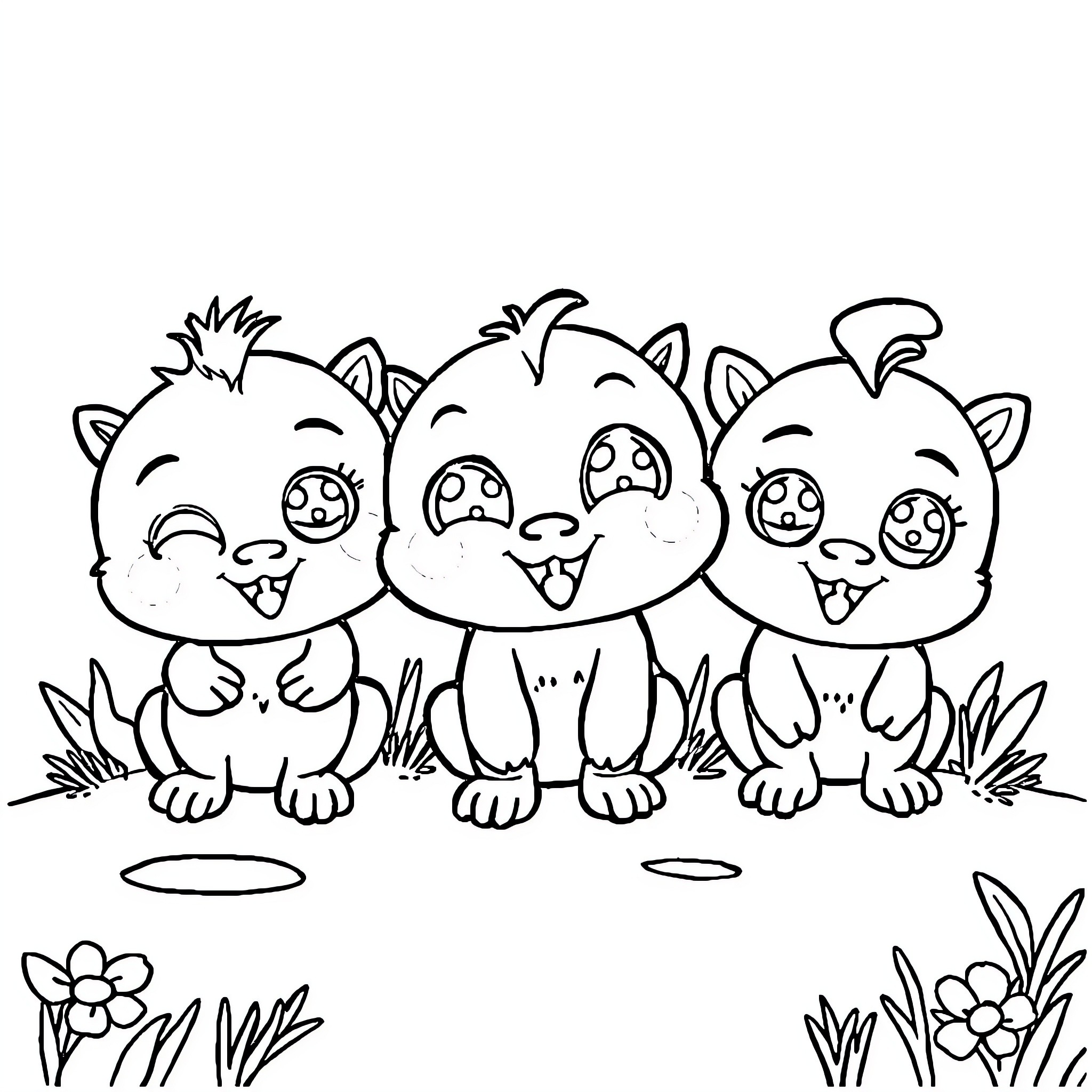 Teeniepings playing with flowers in the garden Coloring Page (free black-and-white line drawing printable PDF for all, from beginners to advanced learners, including children, teens, adults, and seniors)