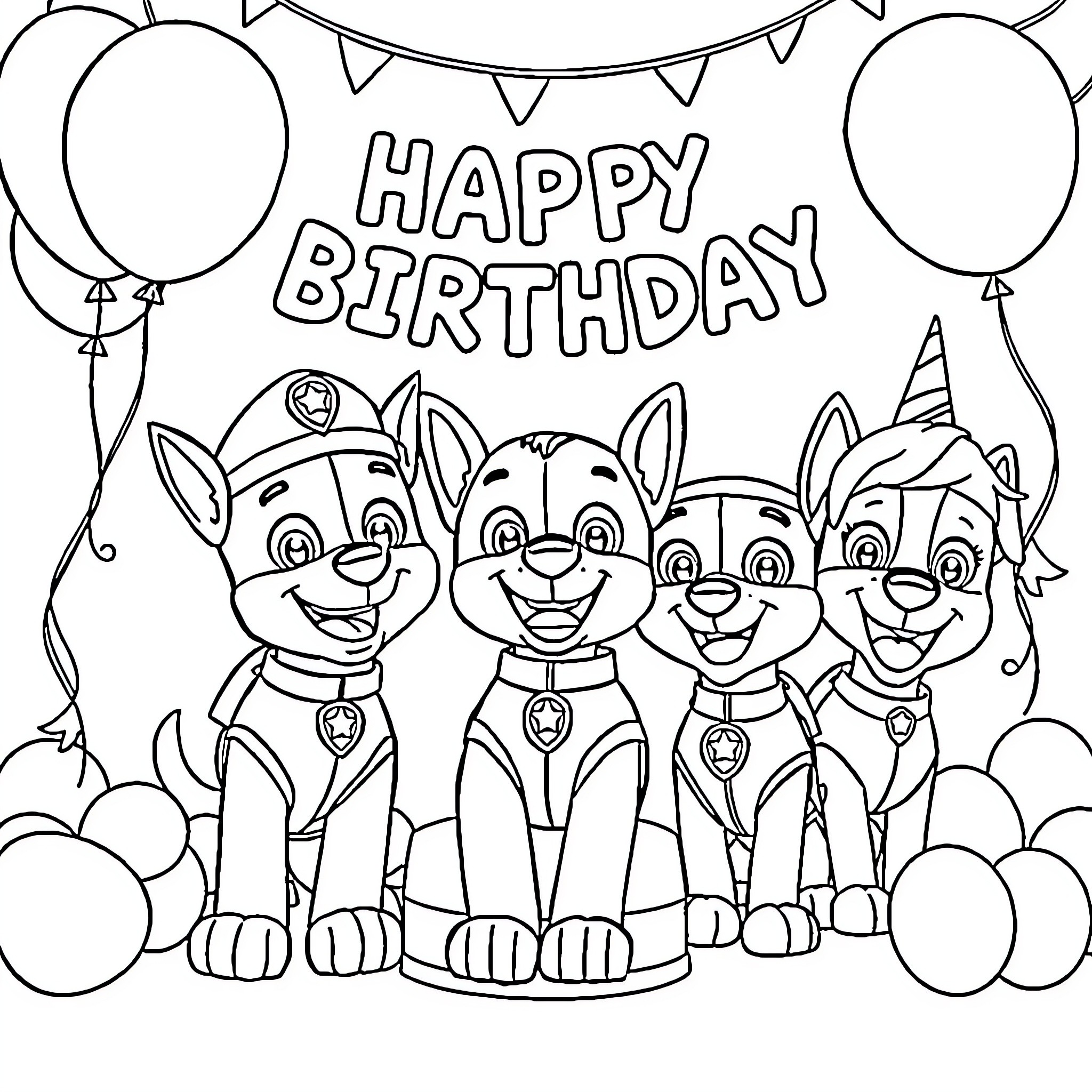 Paw Patrol Celebrate Happy Birthday with Balloons Coloring Page (free black-and-white line drawing printable PDF for all, from beginners to advanced learners, including children, teens, adults, and seniors)
