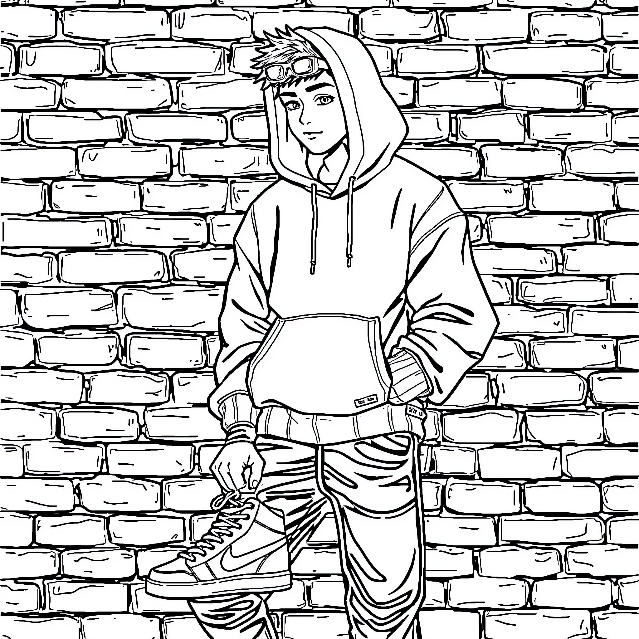 Teen in casual hoodie outfit posing against brick wall Coloring Page (free black-and-white line drawing printable PDF for all, from beginners to advanced learners, including children, teens, adults, and seniors)