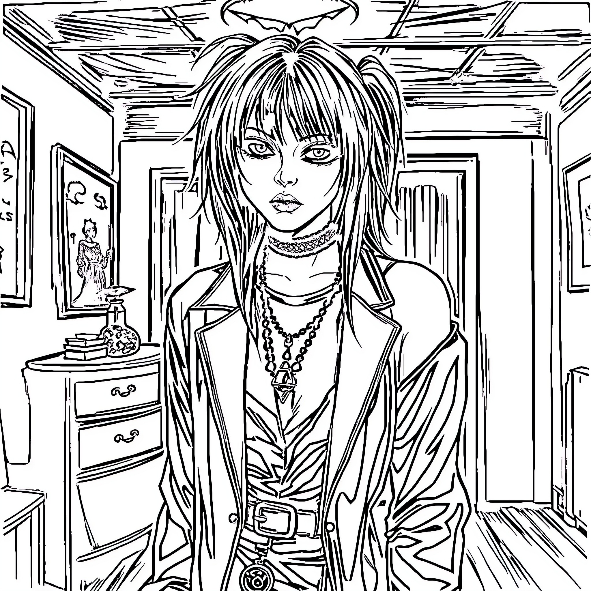 Goth Girl in Edgy Bedroom Scene Coloring Page (free black-and-white line drawing printable PDF for all, from beginners to advanced learners, including children, teens, adults, and seniors)