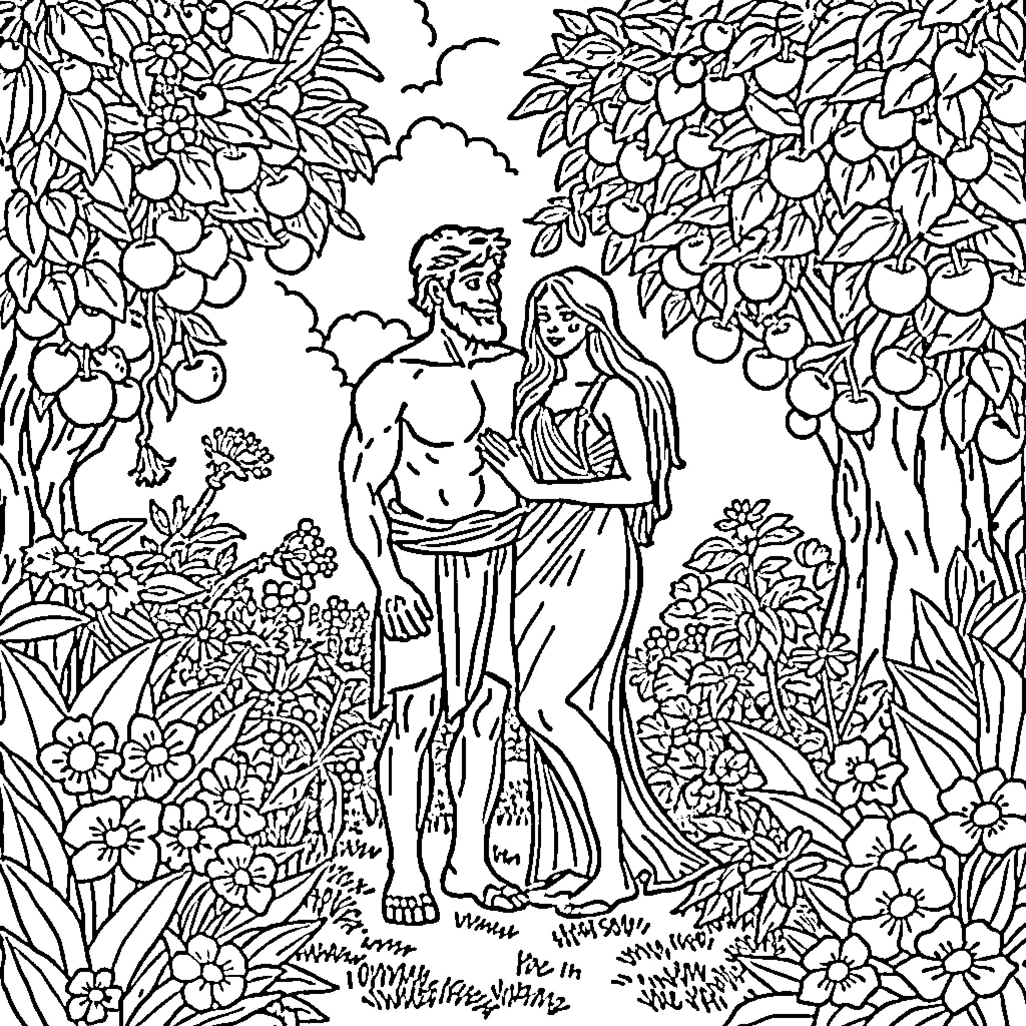 Adam and Eve in the Garden of Eden Coloring Page (free black-and-white line drawing printable PDF for all, from beginners to advanced learners, including children, teens, adults, and seniors)