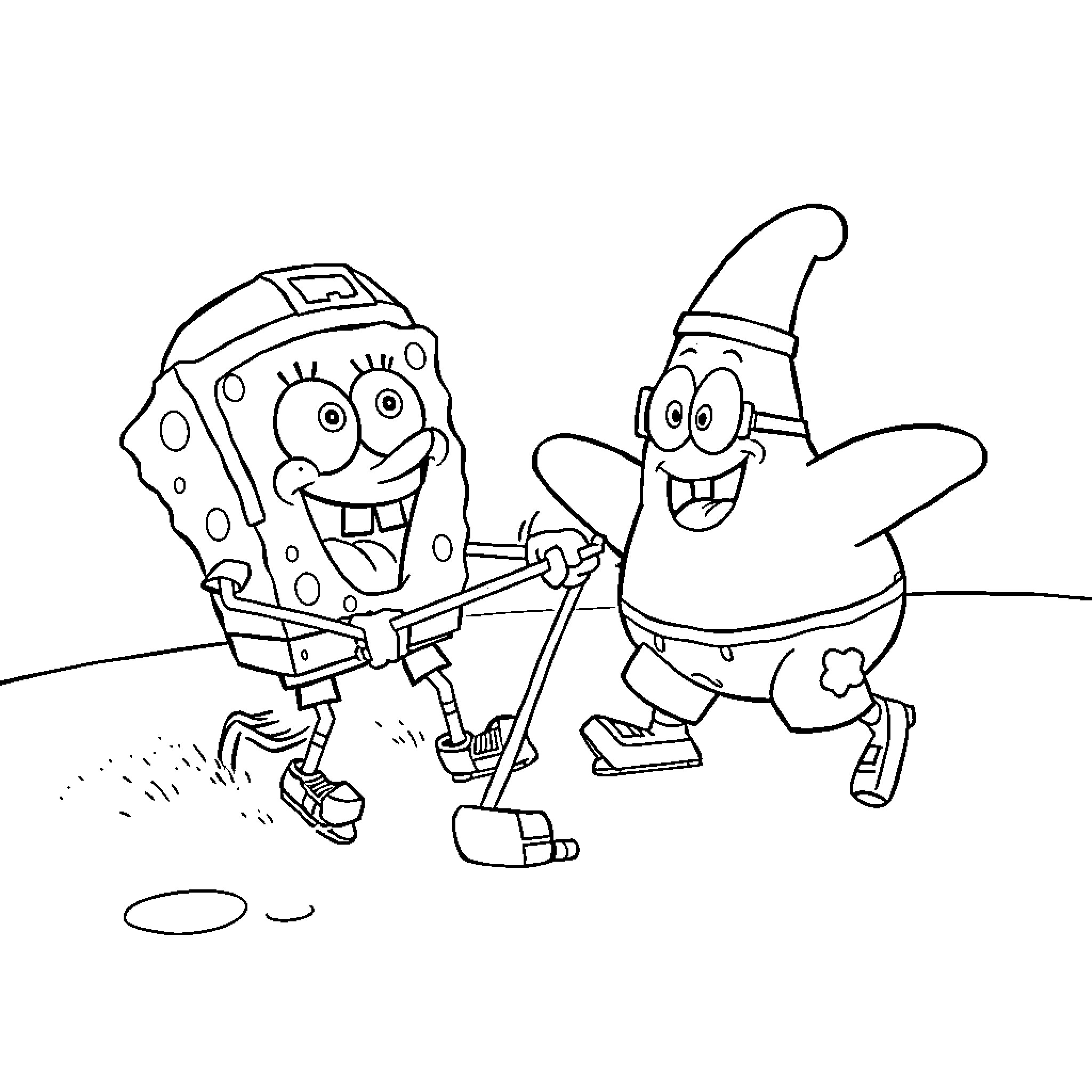 Spongebob and Patrick playing hockey together Coloring Page (free black-and-white line drawing printable PDF for all, from beginners to advanced learners, including children, teens, adults, and seniors)