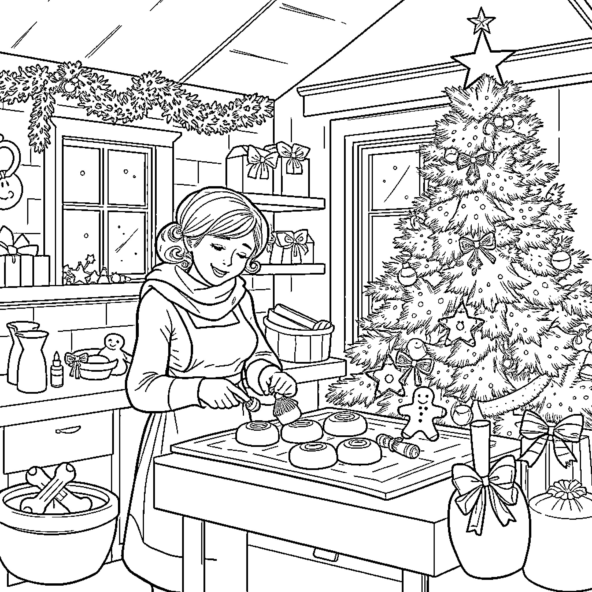Mom decorates the kitchen for Christmas with care Coloring Page (free black-and-white line drawing printable PDF for all, from beginners to advanced learners, including children, teens, adults, and seniors)