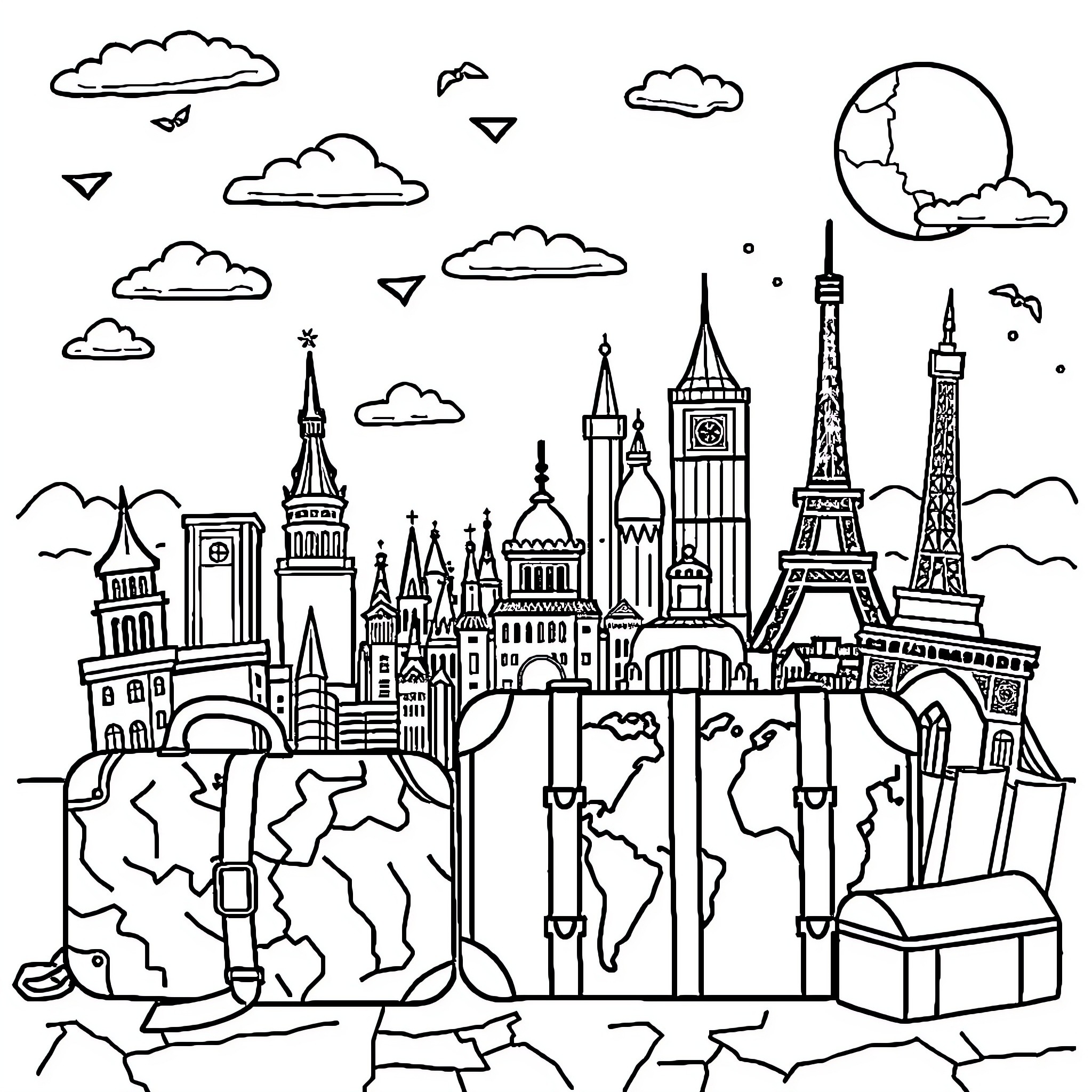 Travel around the world in a suitcase Coloring Page (free black-and-white line drawing printable PDF for all, from beginners to advanced learners, including children, teens, adults, and seniors)