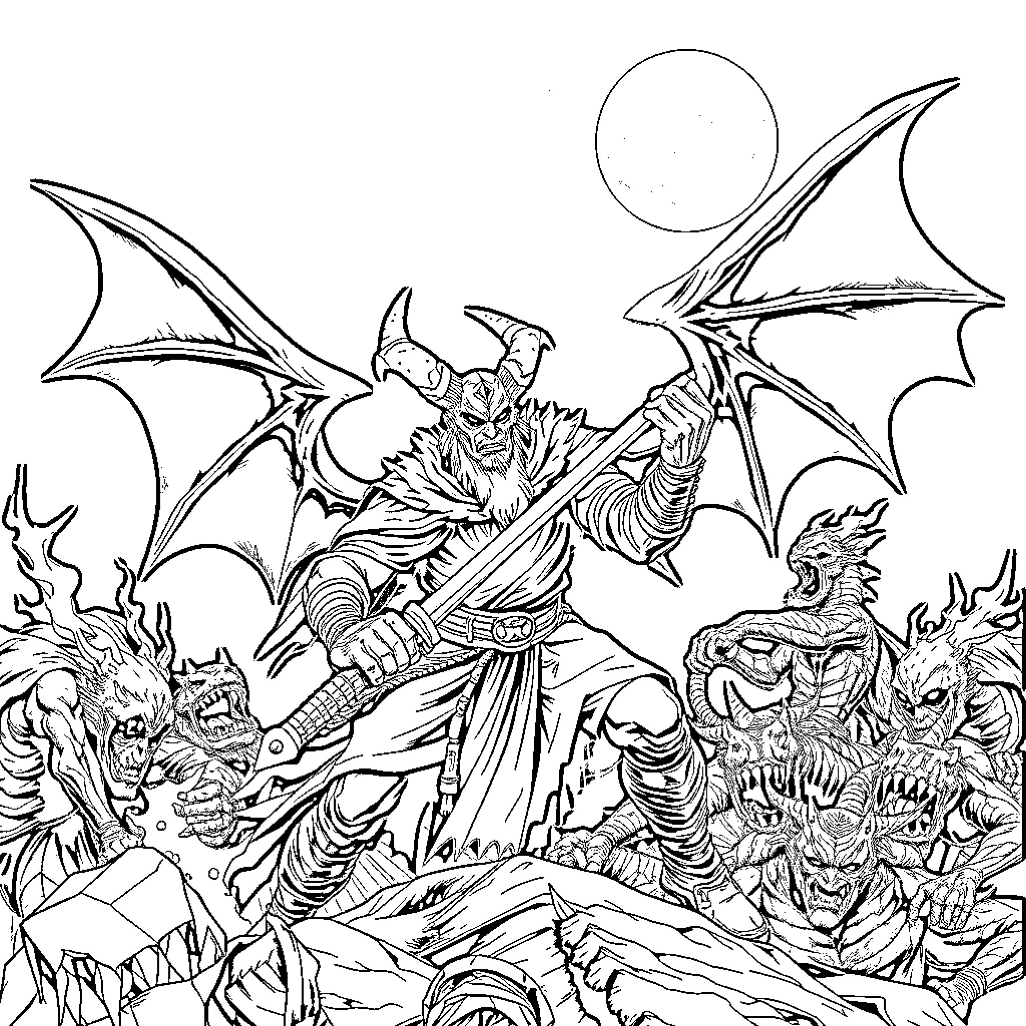Demon Slayer Battling Ferocious Monsters in Dramatic Scene Coloring Page (free black-and-white line drawing printable PDF for all, from beginners to advanced learners, including children, teens, adults, and seniors)