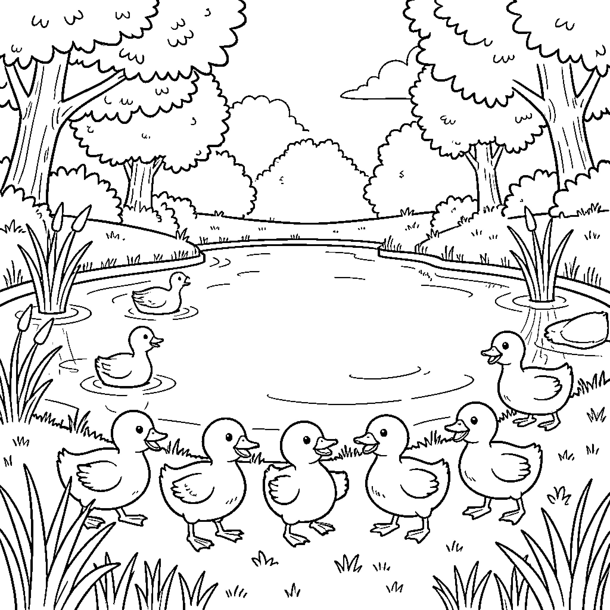 Ducklings playing in a tranquil pond Coloring Page (free black-and-white line drawing printable PDF for all, from beginners to advanced learners, including children, teens, adults, and seniors)
