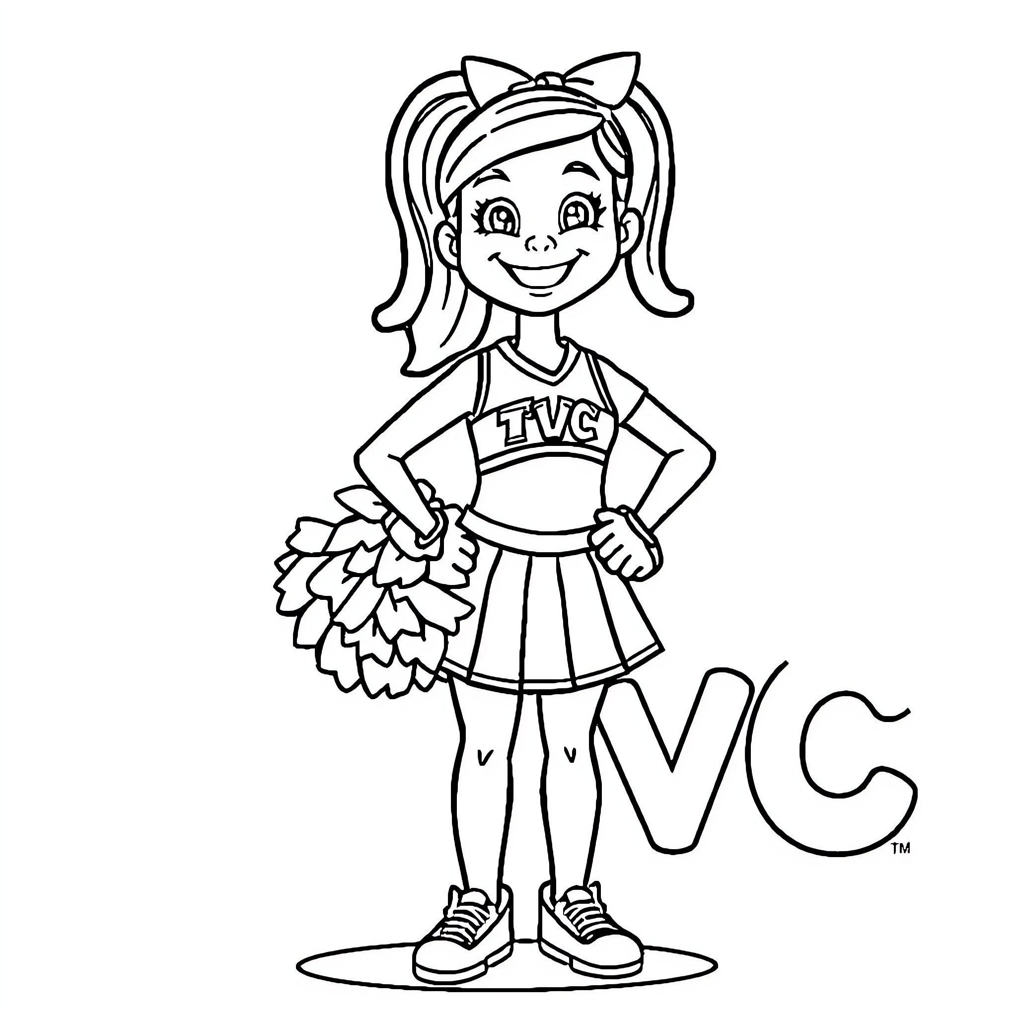 Cheerleader girl in uniform smiling happily Coloring Page (free black-and-white line drawing printable PDF for all, from beginners to advanced learners, including children, teens, adults, and seniors)