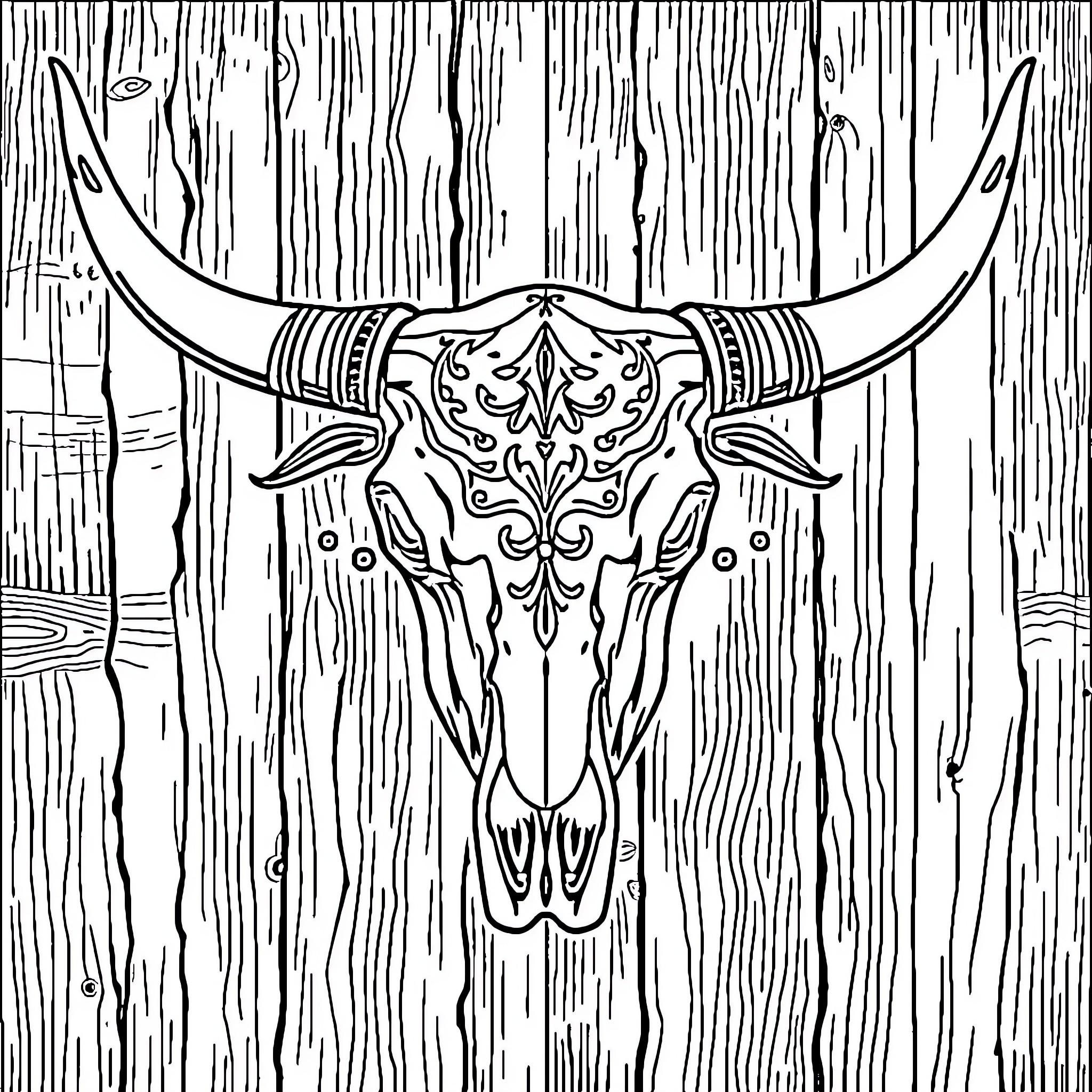 Longhorn skull against weathered wood background Coloring Page (free black-and-white line drawing printable PDF for all, from beginners to advanced learners, including children, teens, adults, and seniors)