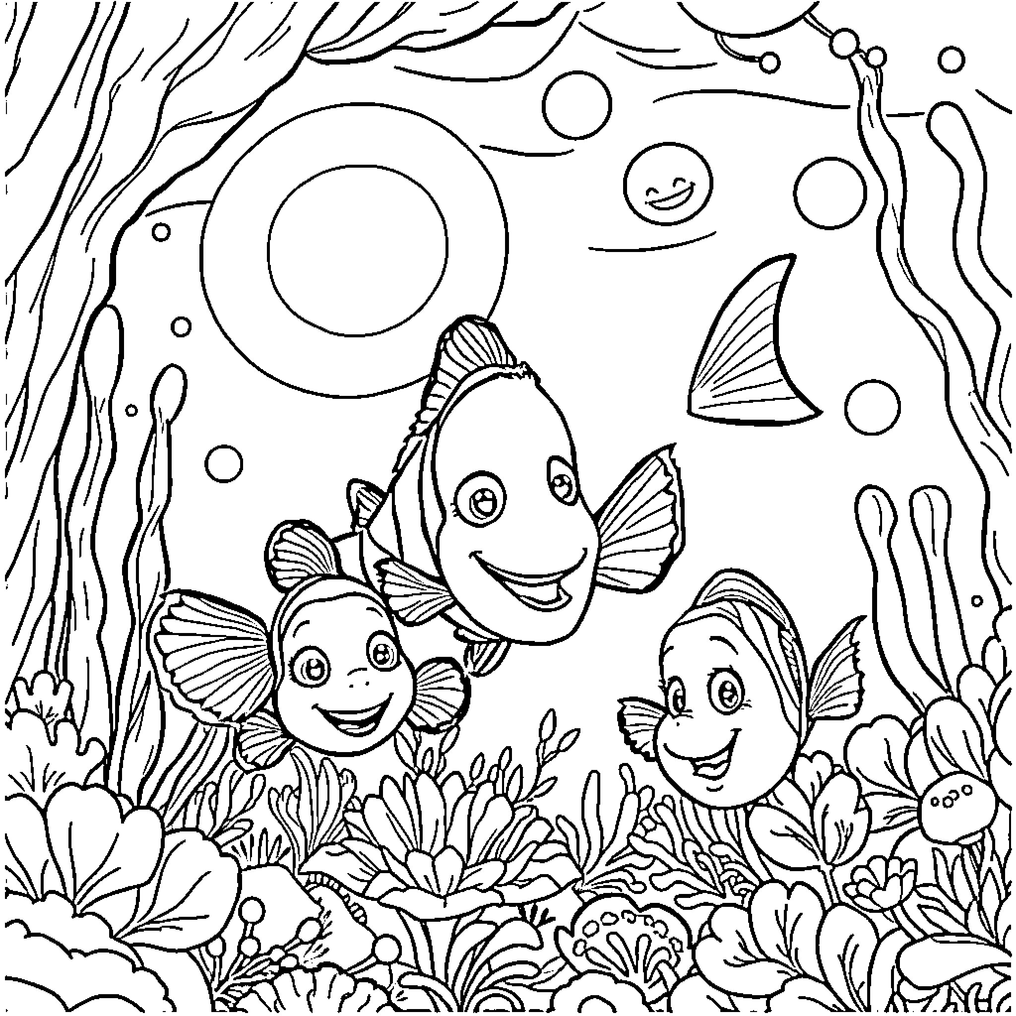 Nemo and Friends Exploring the Underwater Wonderland Coloring Page (free black-and-white line drawing printable PDF for all, from beginners to advanced learners, including children, teens, adults, and seniors)