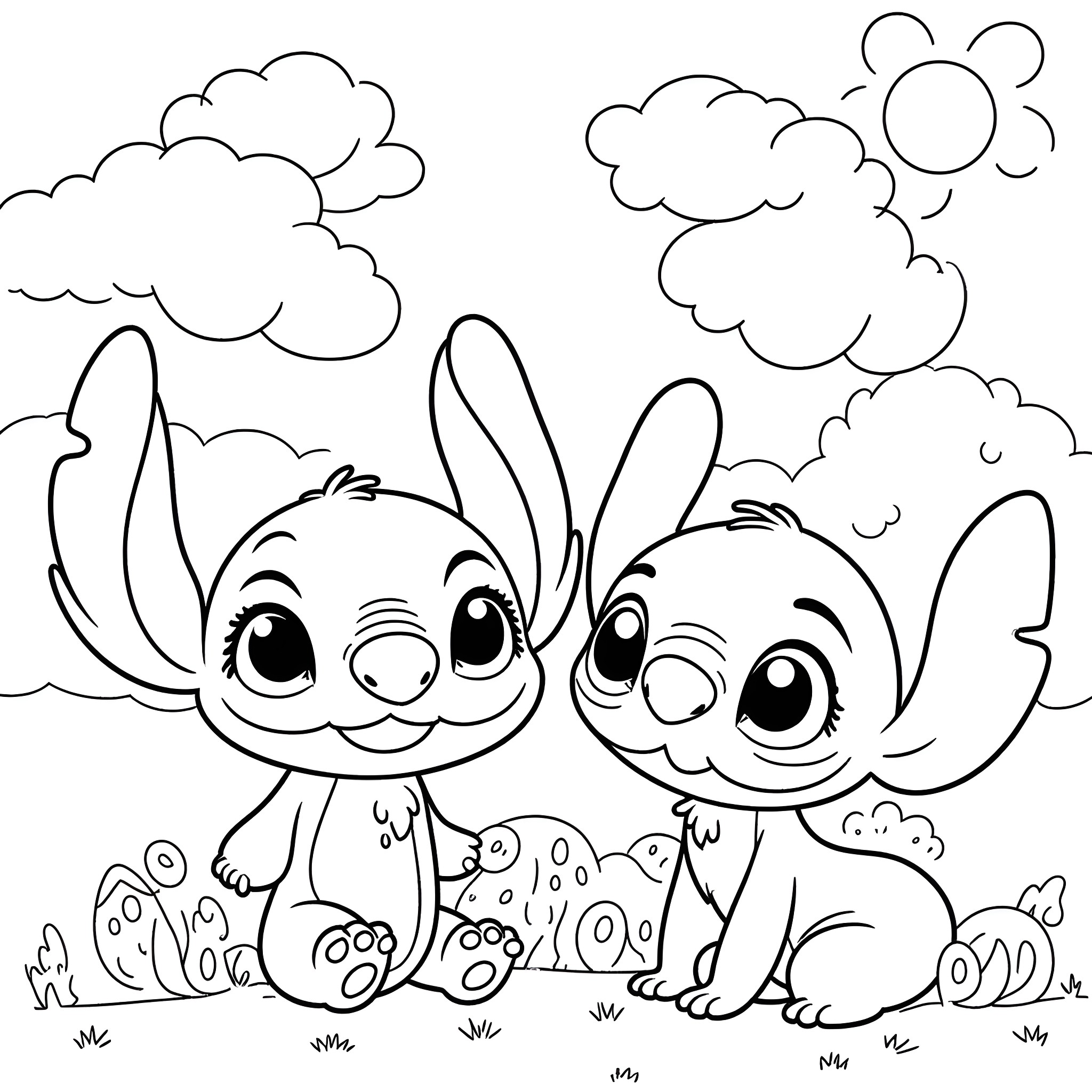 Stitch and Angel playing together in the park Coloring Page (free black-and-white line drawing printable PDF for all, from beginners to advanced learners, including children, teens, adults, and seniors)