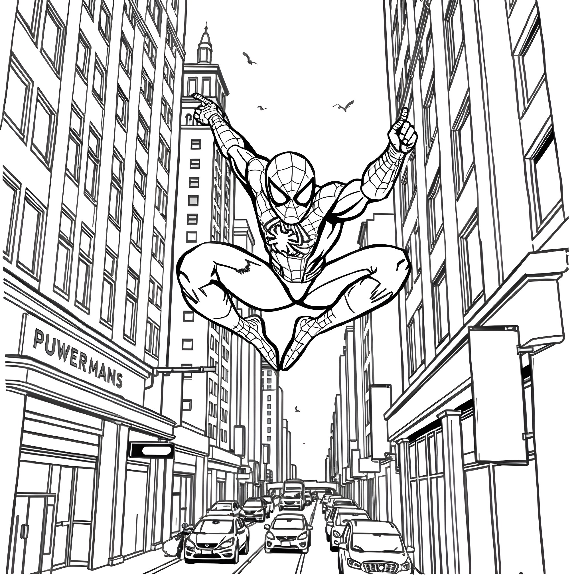 Spiderman swinging through the city streets Coloring Page (free black-and-white line drawing printable PDF for all, from beginners to advanced learners, including children, teens, adults, and seniors)