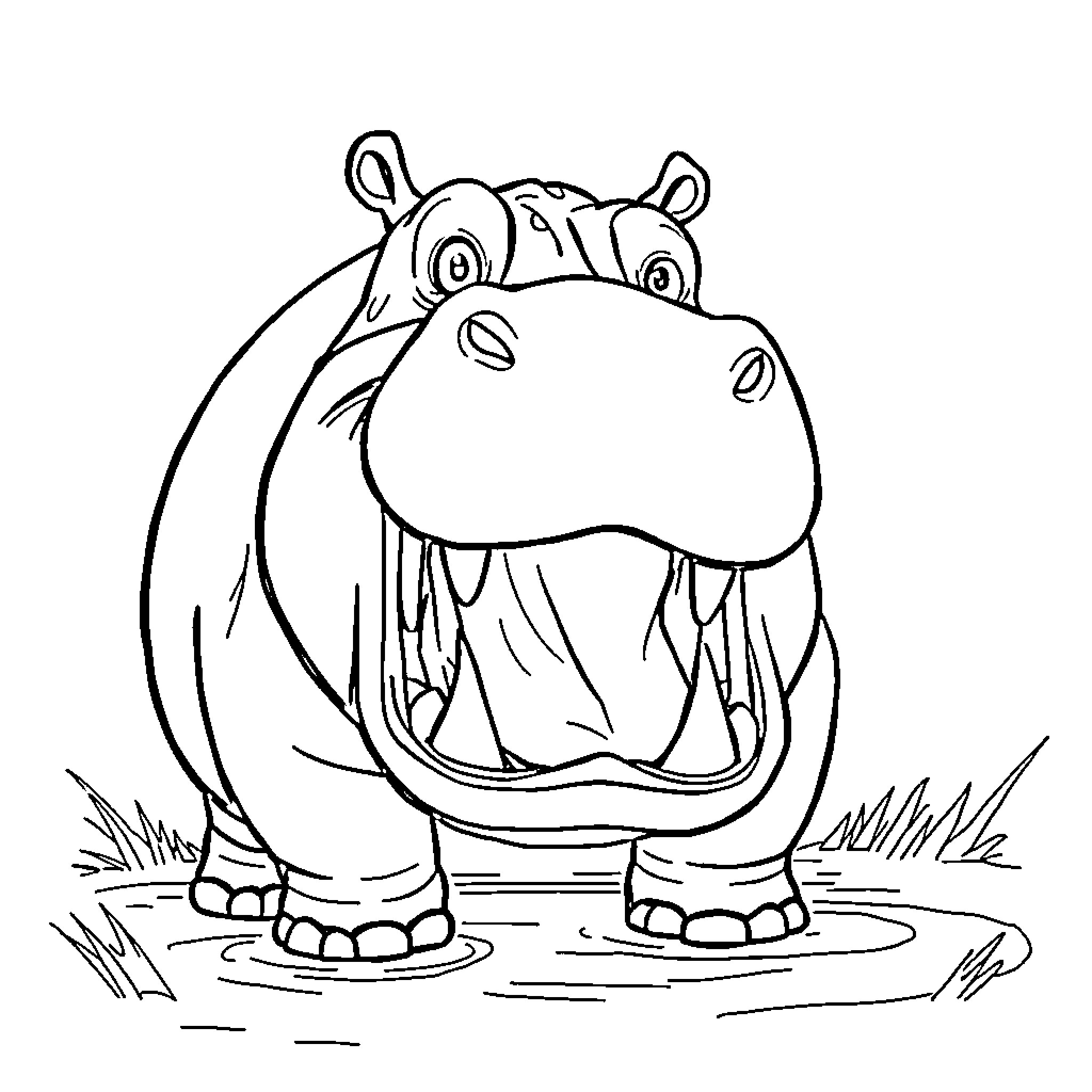 Hippo with wide open mouth in the wild Coloring Page (free black-and-white line drawing printable PDF for all, from beginners to advanced learners, including children, teens, adults, and seniors)