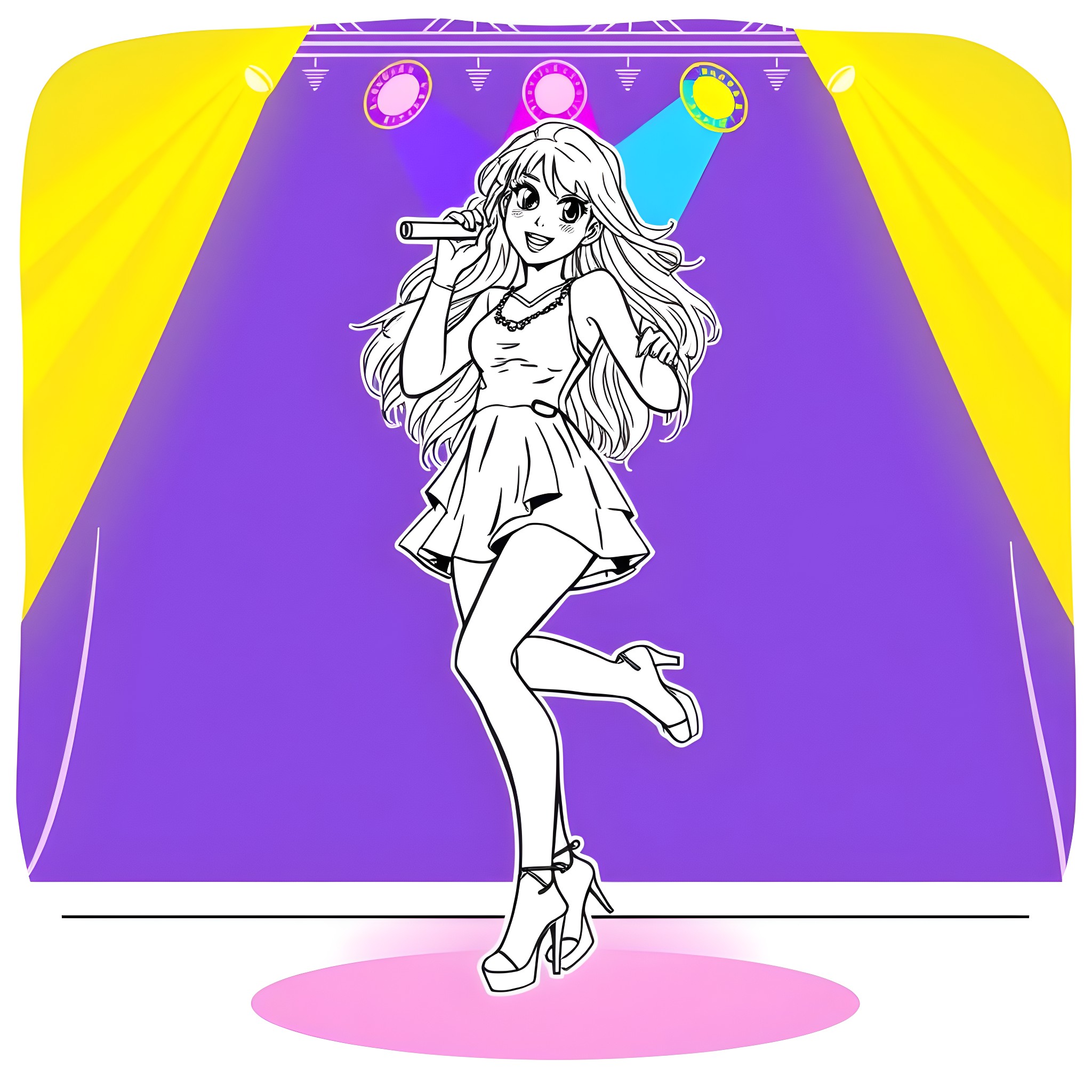 Teen Girl Performing on Stage Coloring Page (free black-and-white line drawing printable PDF for all, from beginners to advanced learners, including children, teens, adults, and seniors)