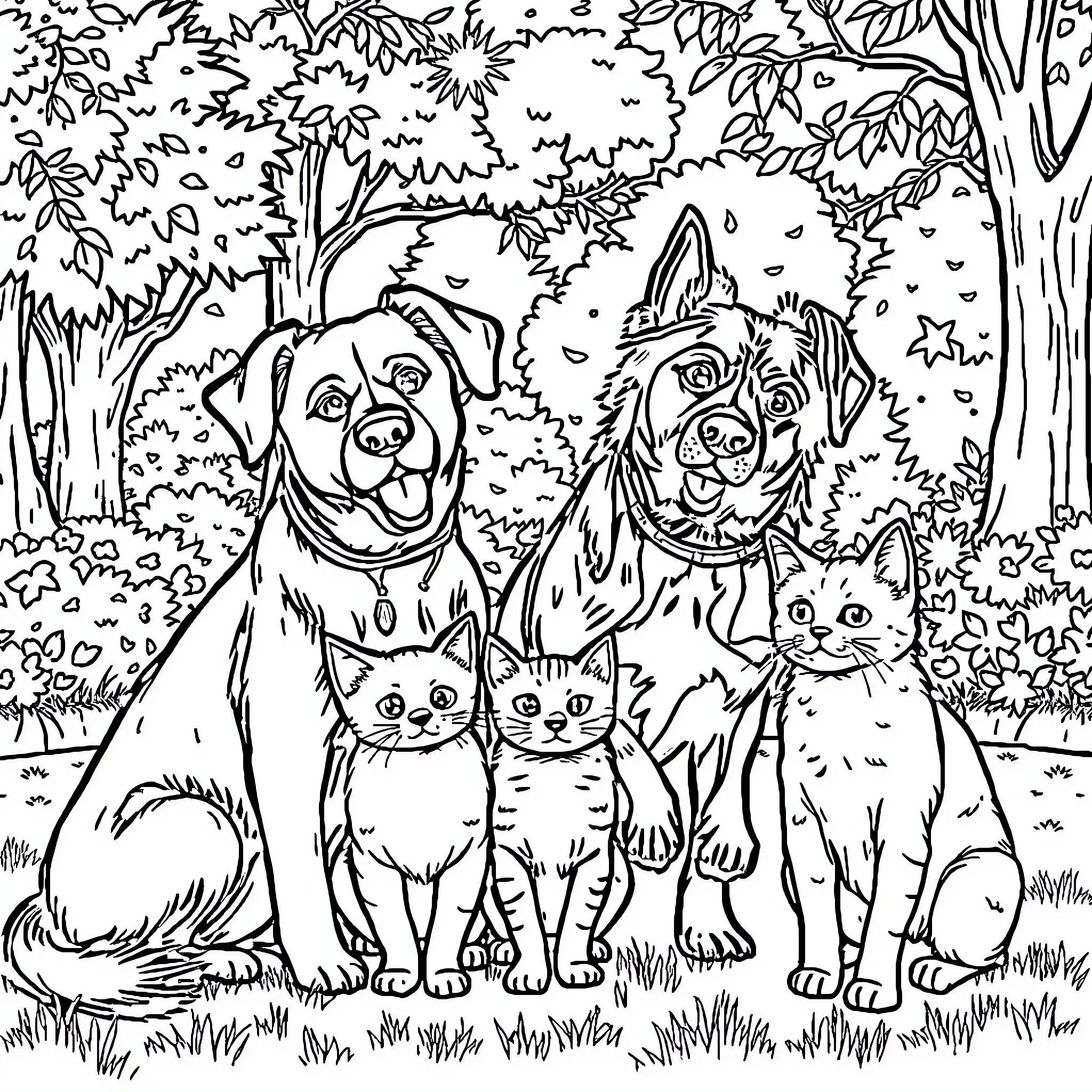 Dog and Cat Friends Enjoying Nature Coloring Page (free black-and-white line drawing printable PDF for all, from beginners to advanced learners, including children, teens, adults, and seniors)