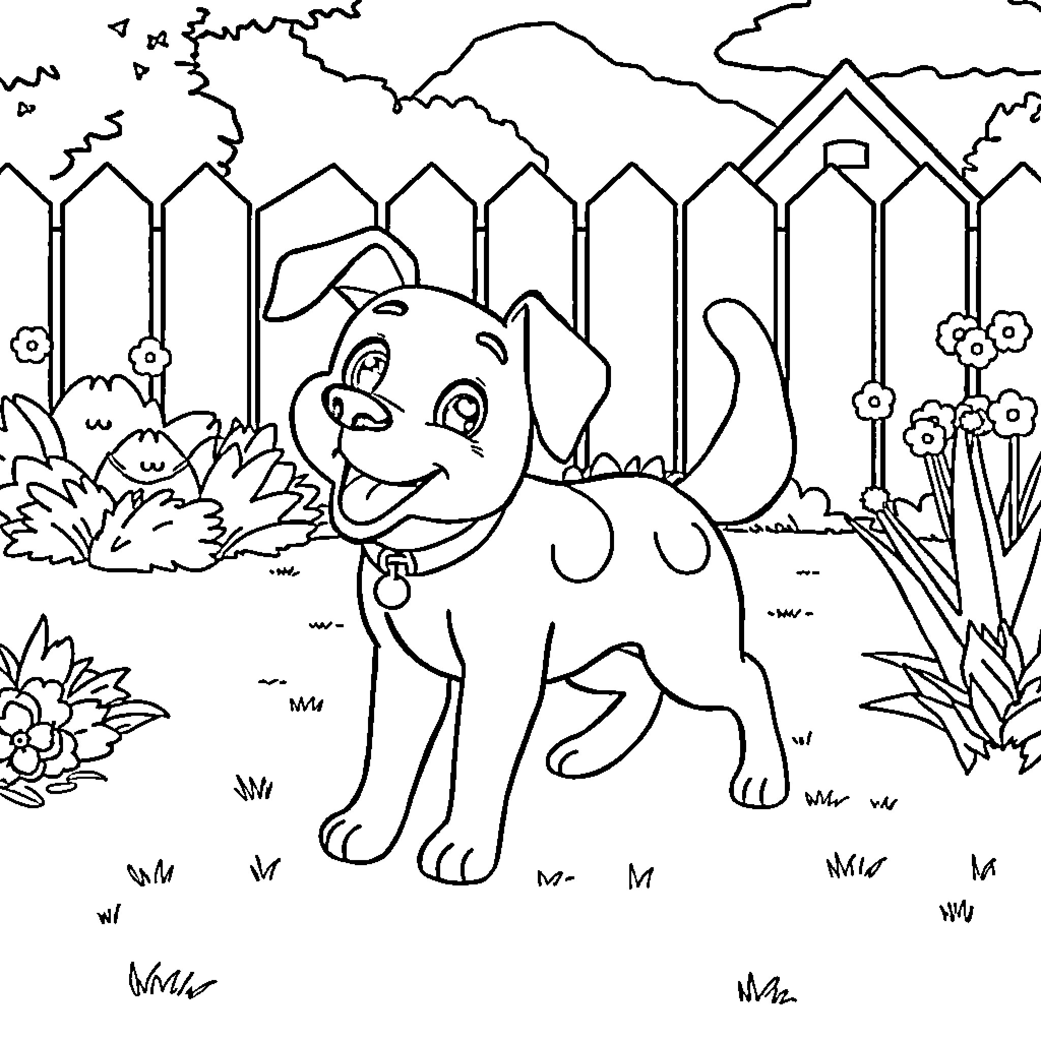 Dog exploring the backyard Coloring Page (free black-and-white line drawing printable PDF for all, from beginners to advanced learners, including children, teens, adults, and seniors)