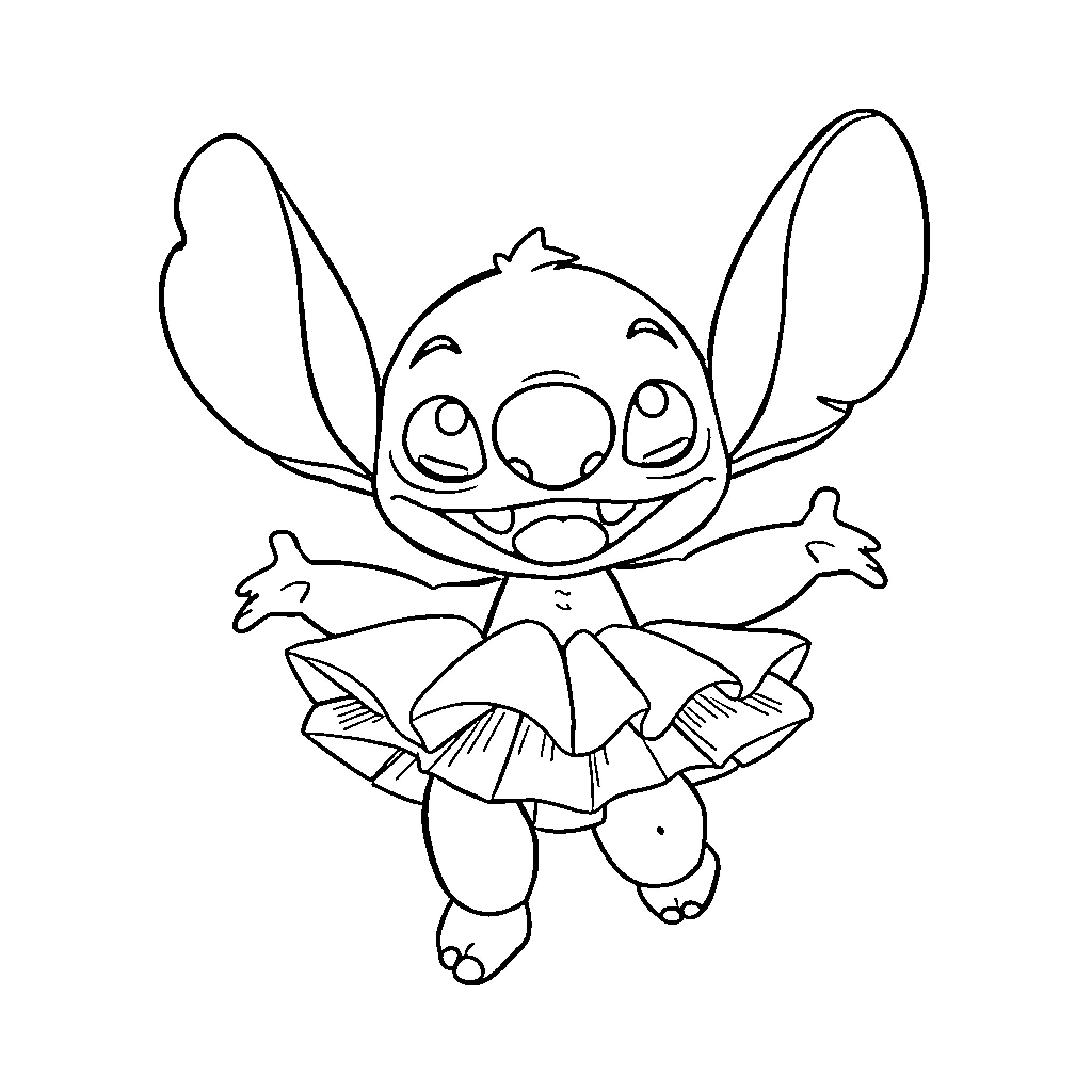 Stitch dancing joyfully with open arms Coloring Page (free black-and-white line drawing printable PDF for all, from beginners to advanced learners, including children, teens, adults, and seniors)
