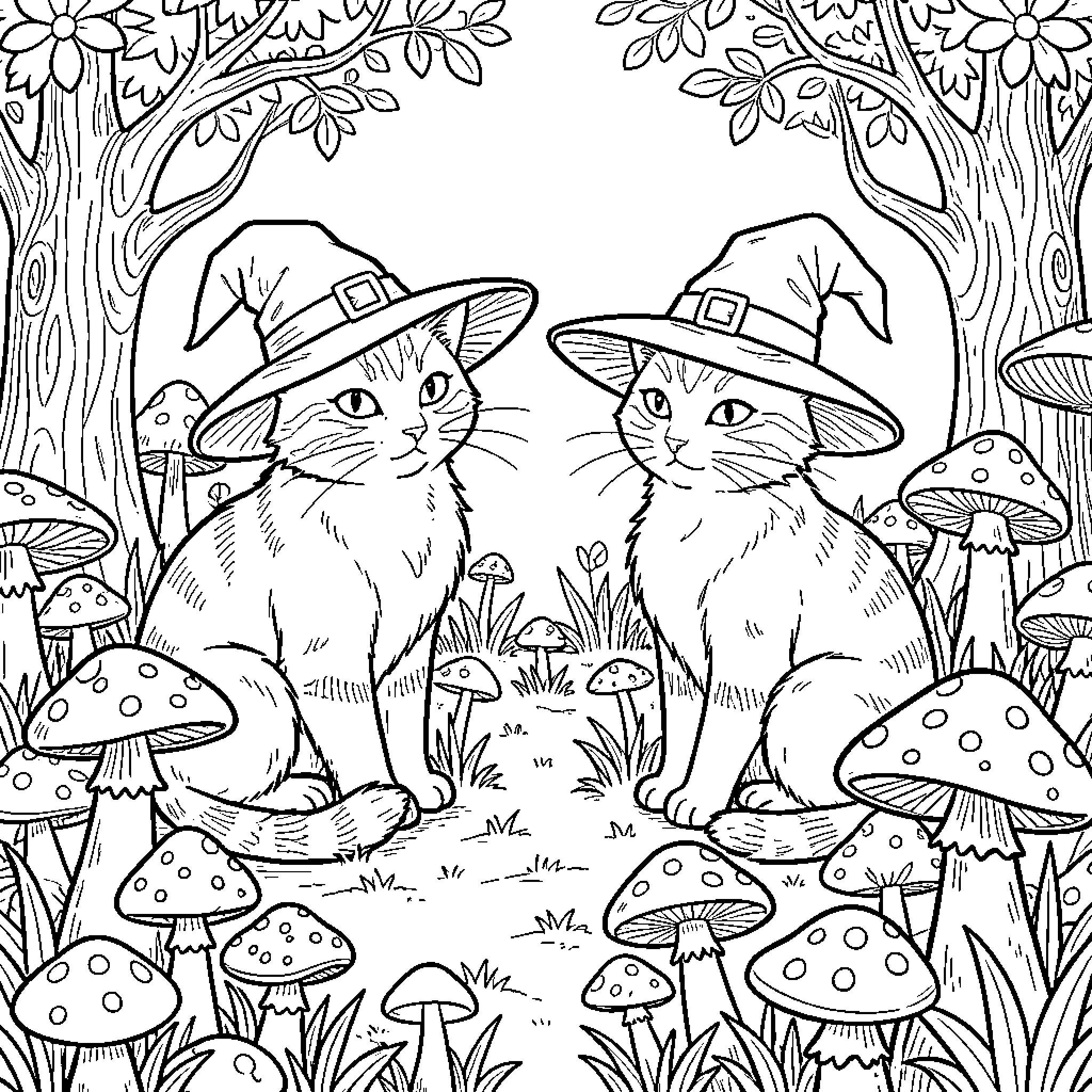 Cats in witch hats among magical mushrooms Coloring Page (free black-and-white line drawing printable PDF for all, from beginners to advanced learners, including children, teens, adults, and seniors)