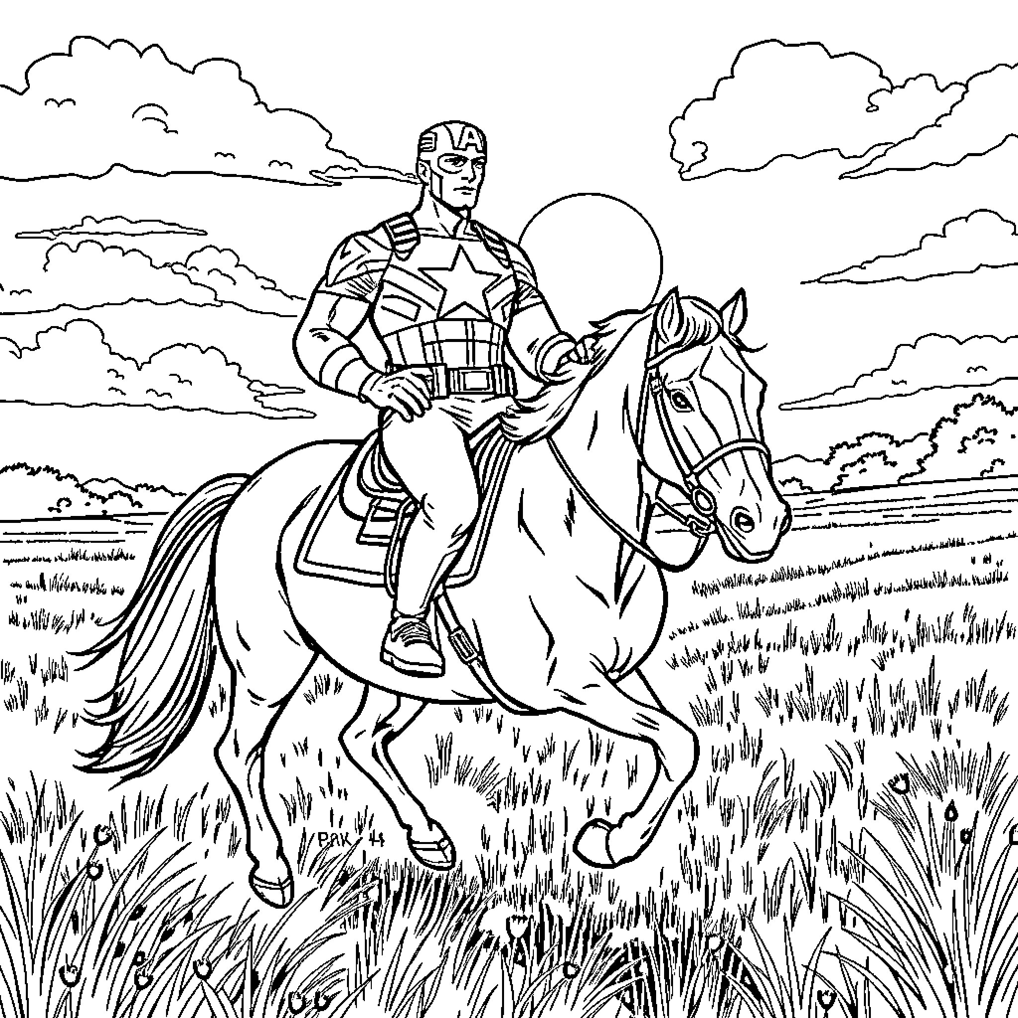 Captain America riding a horse through the countryside Coloring Page (free black-and-white line drawing printable PDF for all, from beginners to advanced learners, including children, teens, adults, and seniors)