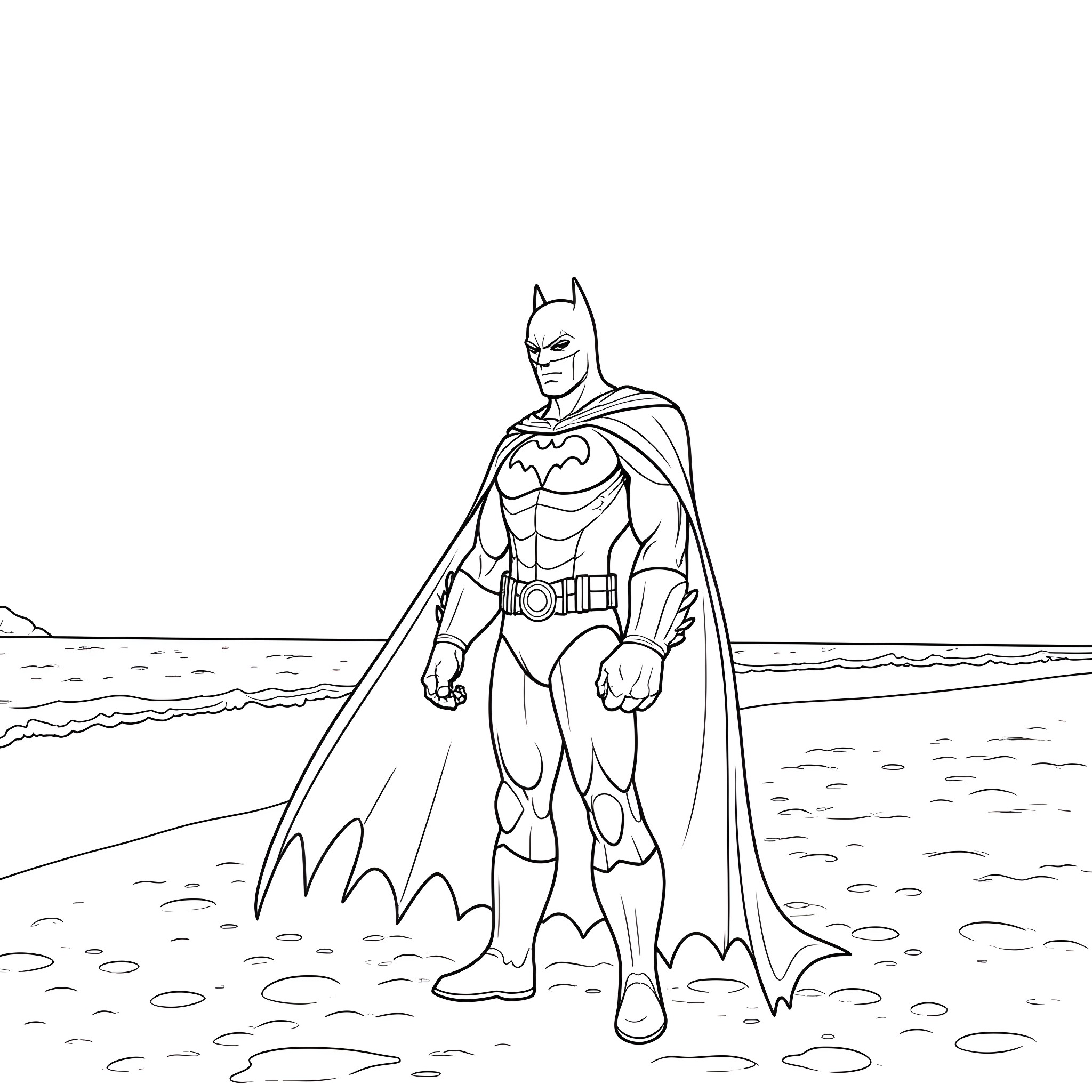 Batman standing heroically on the beach Coloring Page (free black-and-white line drawing printable PDF for all, from beginners to advanced learners, including children, teens, adults, and seniors)