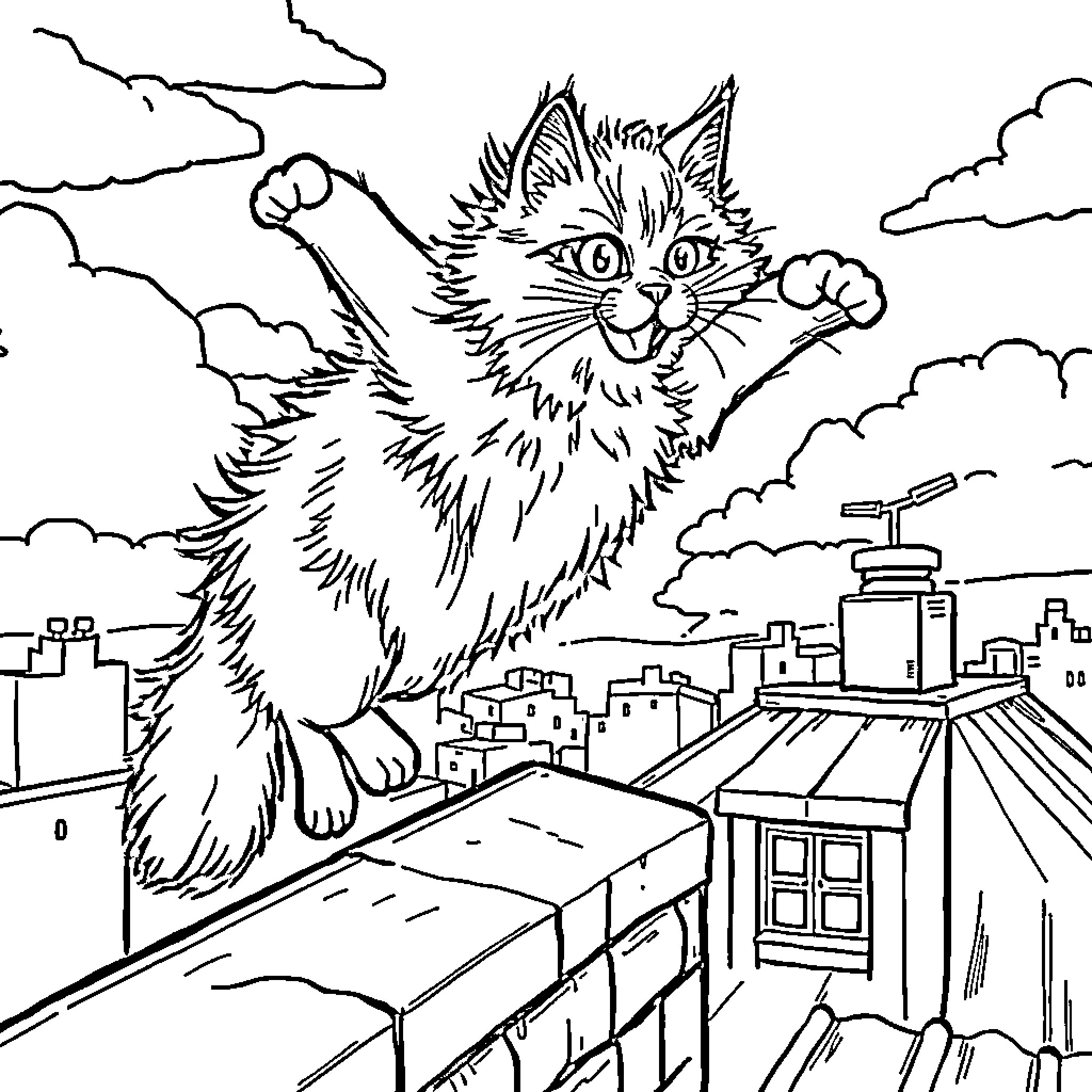 Cat Exploring the City Skyline Coloring Page (free black-and-white line drawing printable PDF for all, from beginners to advanced learners, including children, teens, adults, and seniors)