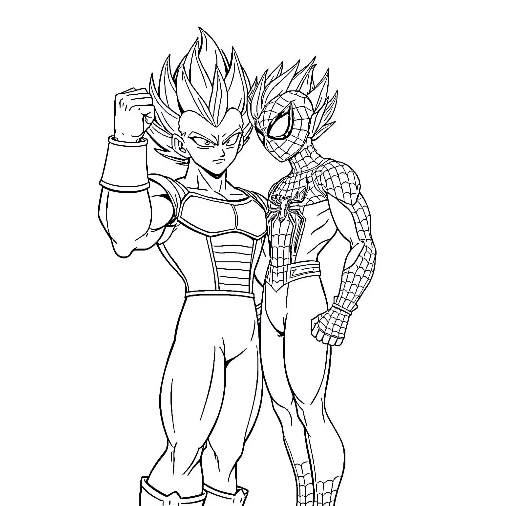 Vegeta and Spider-Man in heroic pose Coloring Page (free black-and-white line drawing printable PDF for all, from beginners to advanced learners, including children, teens, adults, and seniors)