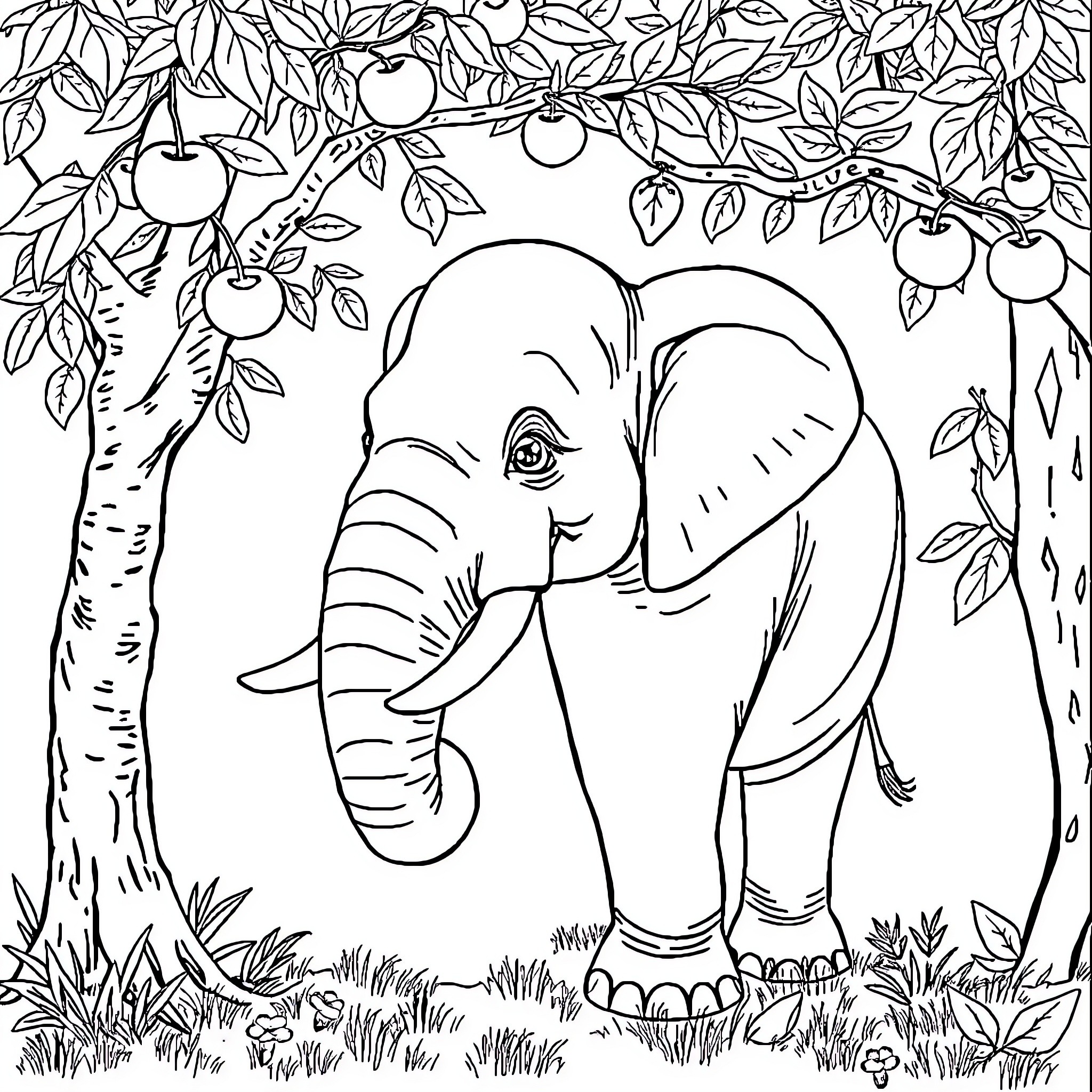Elephant exploring a lush, fruit-bearing forest Coloring Page (free black-and-white line drawing printable PDF for all, from beginners to advanced learners, including children, teens, adults, and seniors)