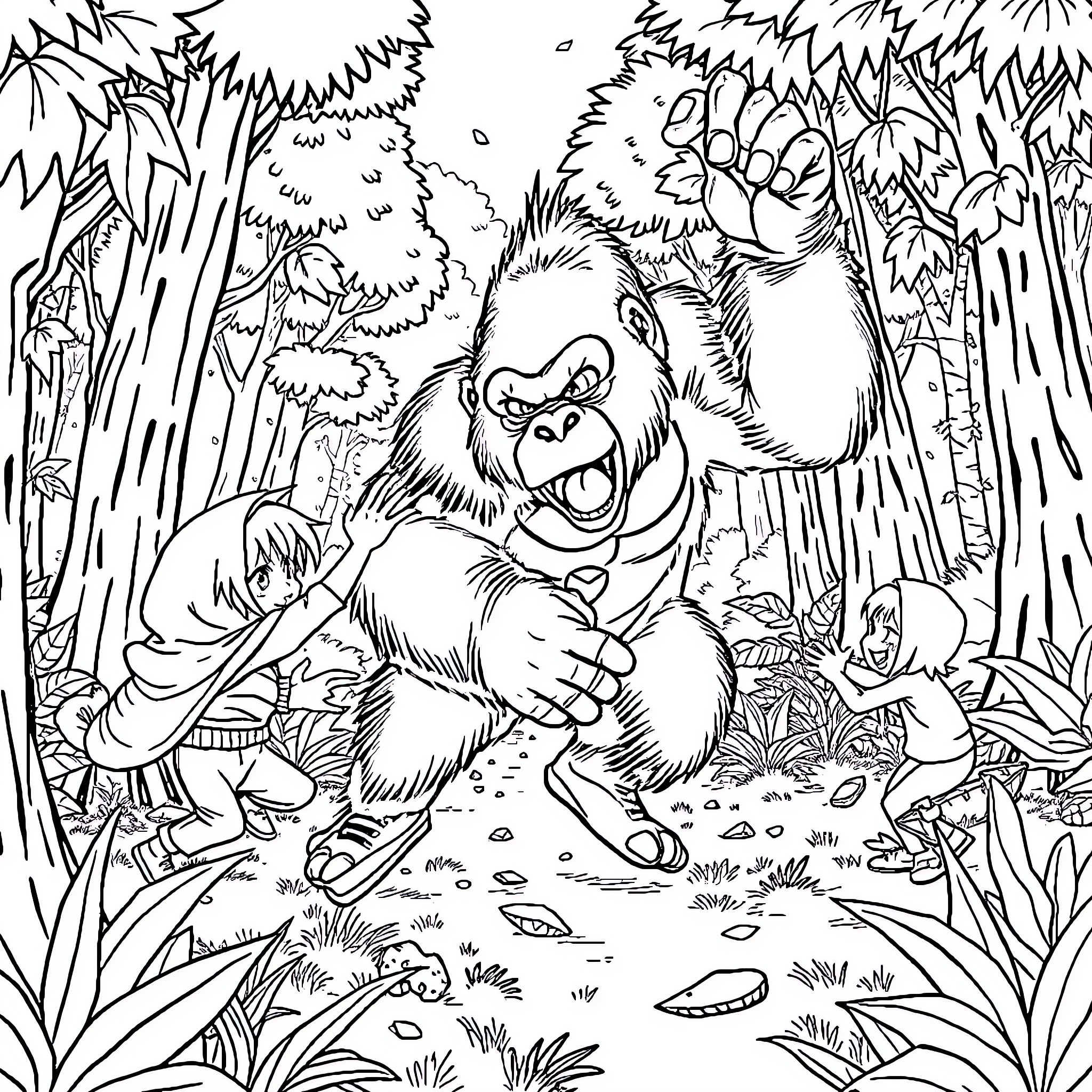 Gorilla roaring in the dense jungle Coloring Page (free black-and-white line drawing printable PDF for all, from beginners to advanced learners, including children, teens, adults, and seniors)