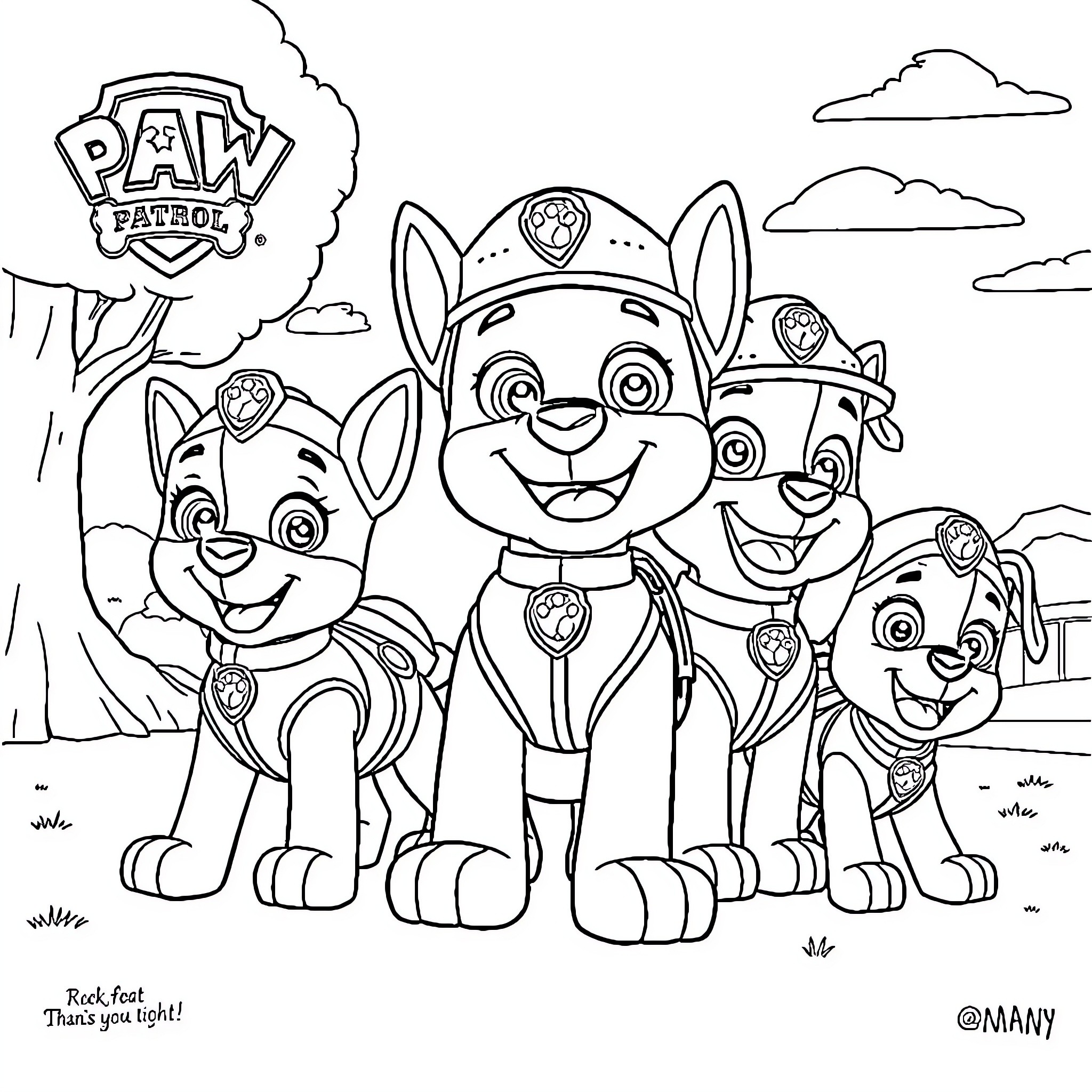 Paw Patrol characters on an adventure Coloring Page (free black-and-white line drawing printable PDF for all, from beginners to advanced learners, including children, teens, adults, and seniors)
