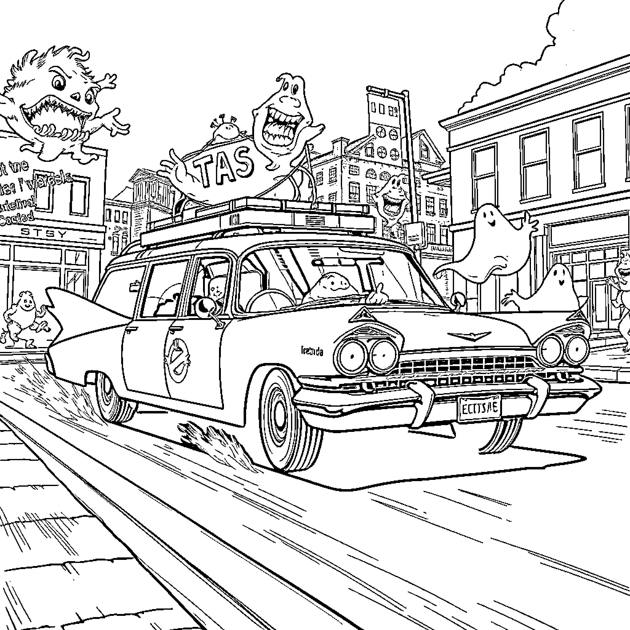Ecto One ghostbusting through the city Coloring Page (free black-and-white line drawing printable PDF for all, from beginners to advanced learners, including children, teens, adults, and seniors)