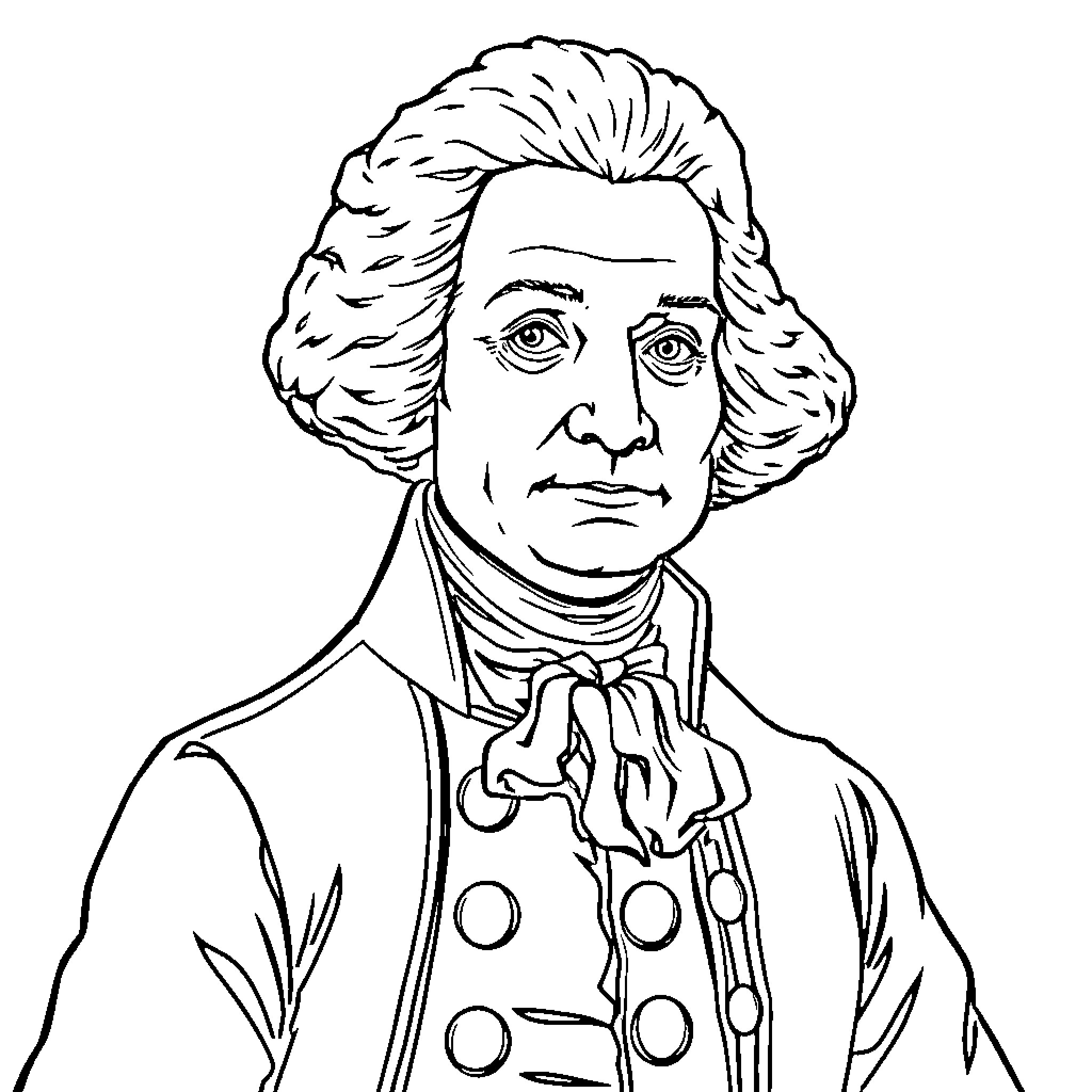 George Washington in formal attire with thoughtful expression Coloring Page (free black-and-white line drawing printable PDF for all, from beginners to advanced learners, including children, teens, adults, and seniors)