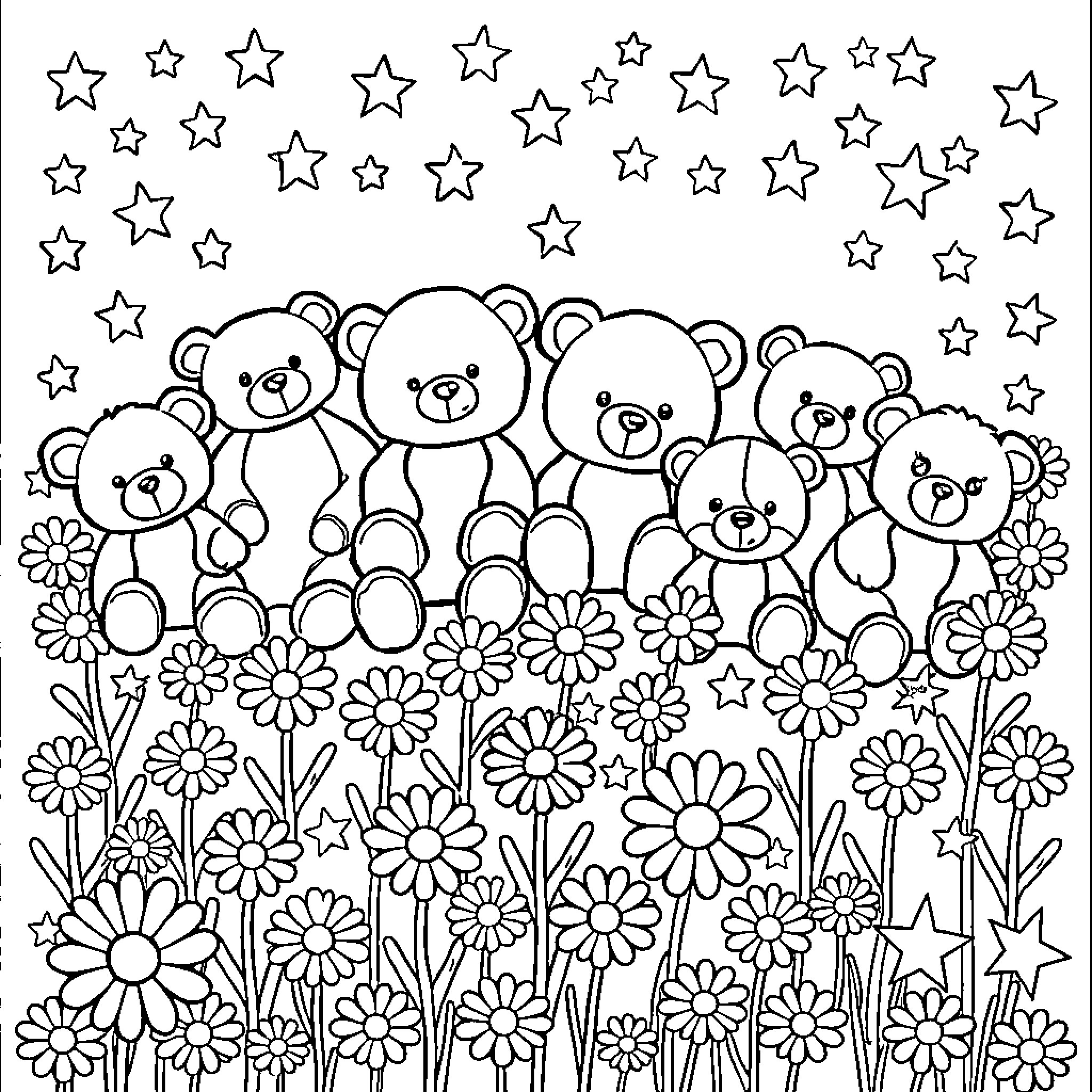 Animal Stuffie Playing Amidst Flowers and Stars Coloring Page (free black-and-white line drawing printable PDF for all, from beginners to advanced learners, including children, teens, adults, and seniors)