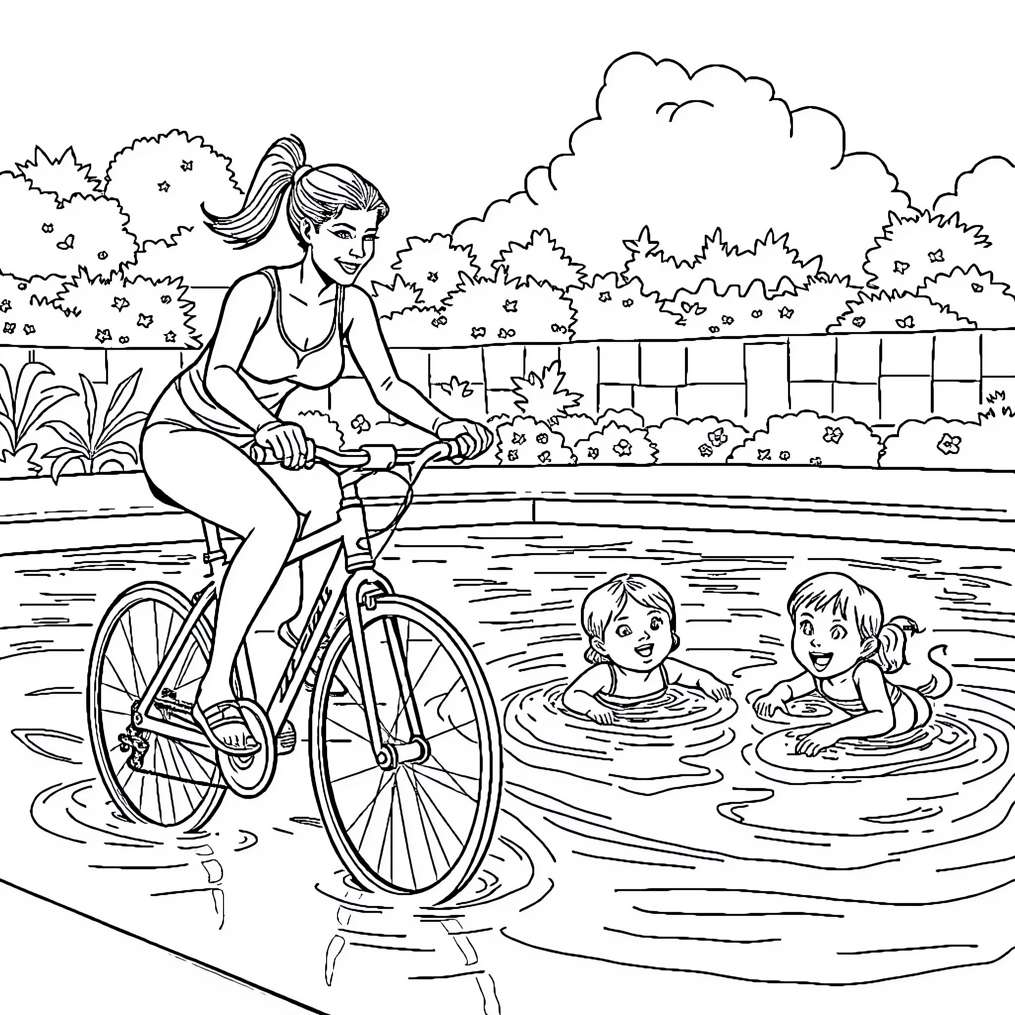 Mother Bicycling Near Children Swimming in Pool Coloring Page (free black-and-white line drawing printable PDF for all, from beginners to advanced learners, including children, teens, adults, and seniors)