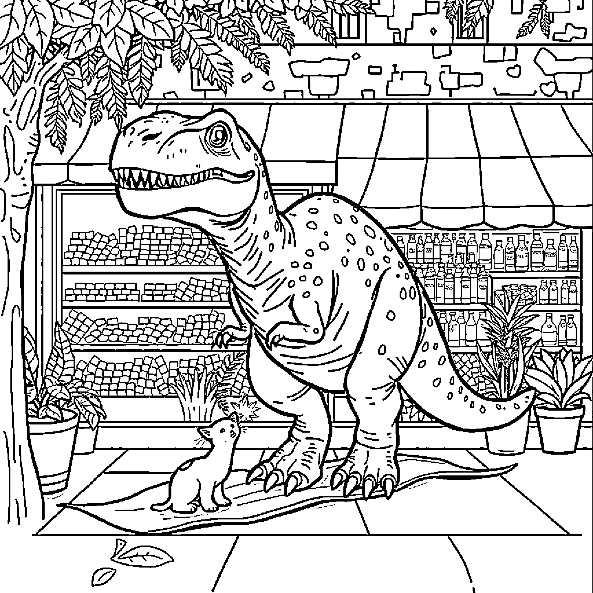 Mosasaurus exploring a lush, indoor habitat Coloring Page (free black-and-white line drawing printable PDF for all, from beginners to advanced learners, including children, teens, adults, and seniors)