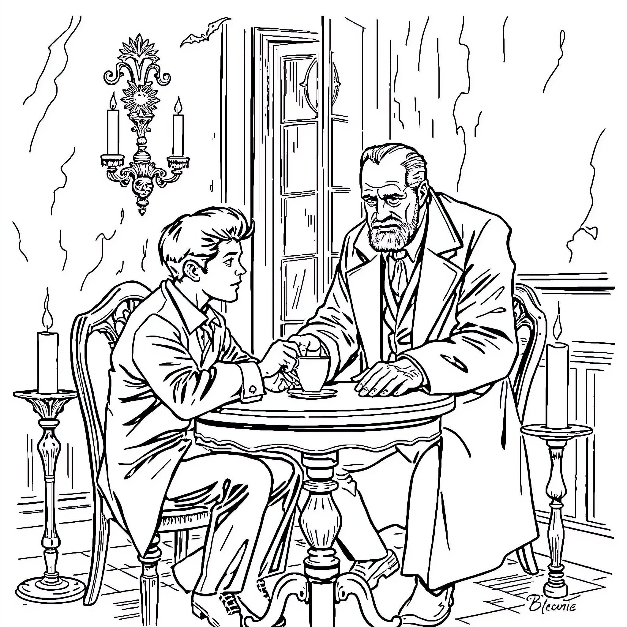 Michael Myers confronts a man in a dark, foreboding setting Coloring Page (free black-and-white line drawing printable PDF for all, from beginners to advanced learners, including children, teens, adults, and seniors)