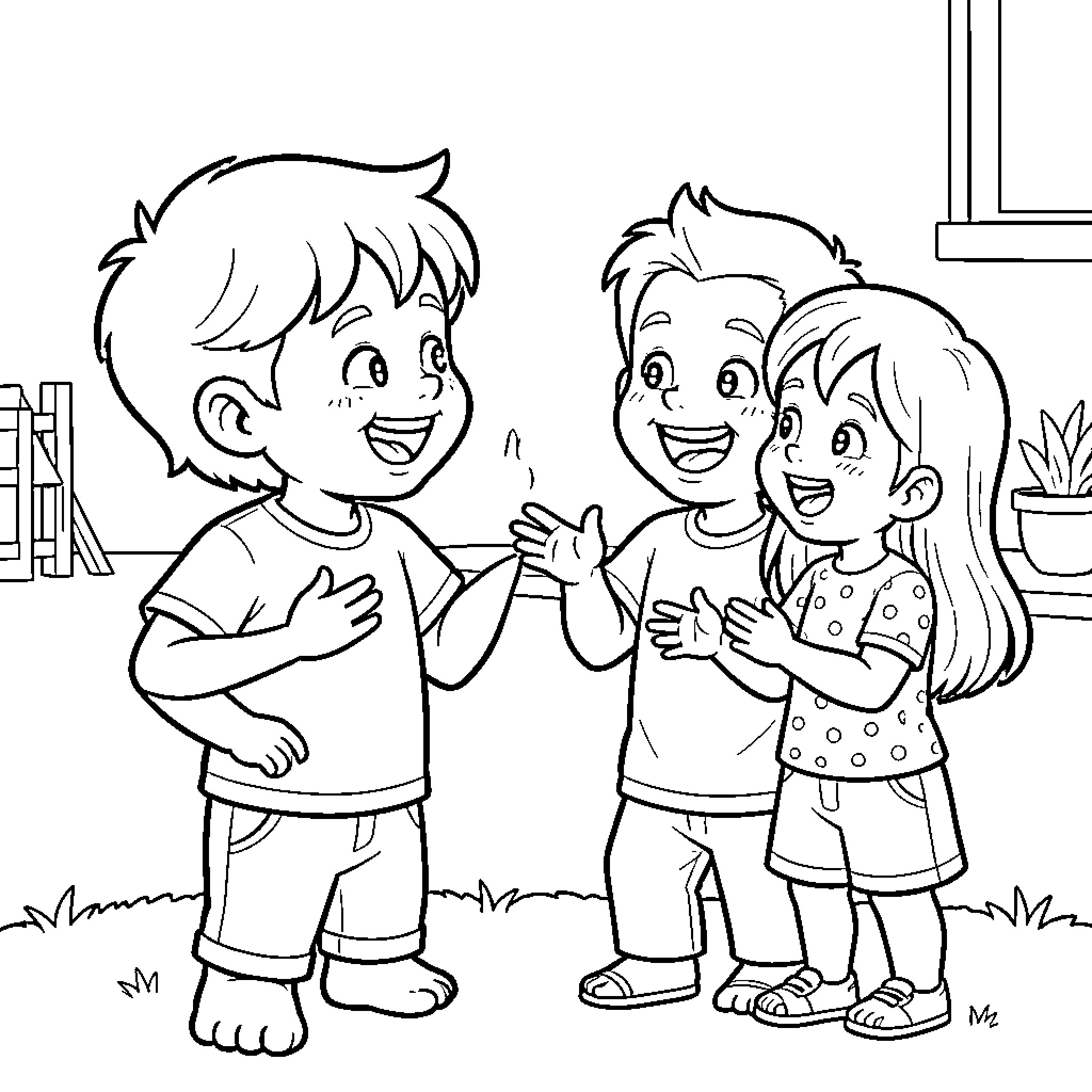 Kid laughing and playing with friends outdoors Coloring Page (free black-and-white line drawing printable PDF for all, from beginners to advanced learners, including children, teens, adults, and seniors)