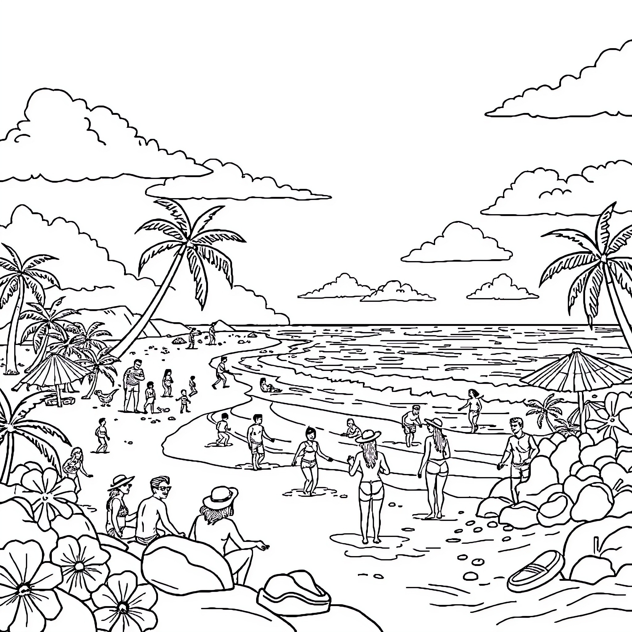 Hawaiian beach scene with people enjoying the sun and ocean Coloring Page (free black-and-white line drawing printable PDF for all, from beginners to advanced learners, including children, teens, adults, and seniors)