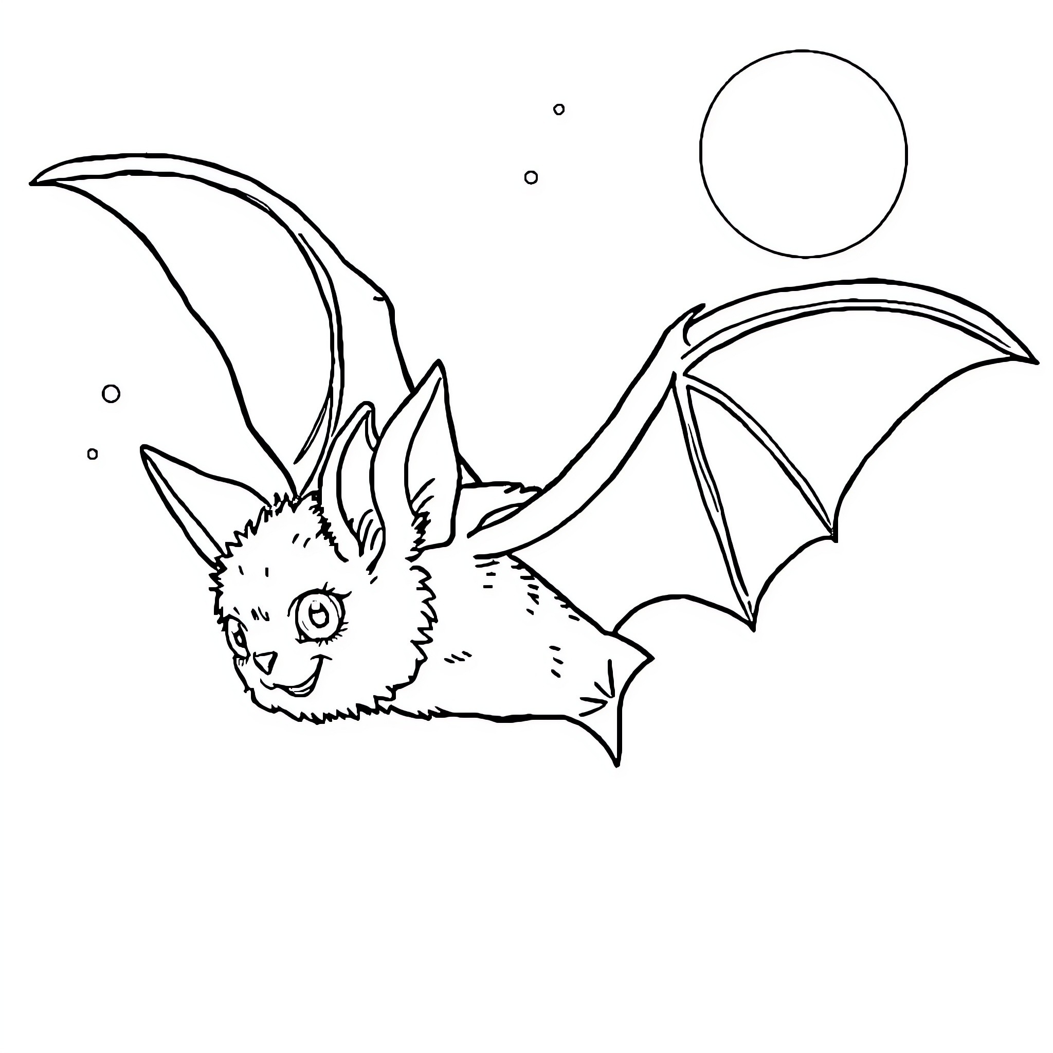 Rouge Bat in Flight with Moon Coloring Page (free black-and-white line drawing printable PDF for all, from beginners to advanced learners, including children, teens, adults, and seniors)