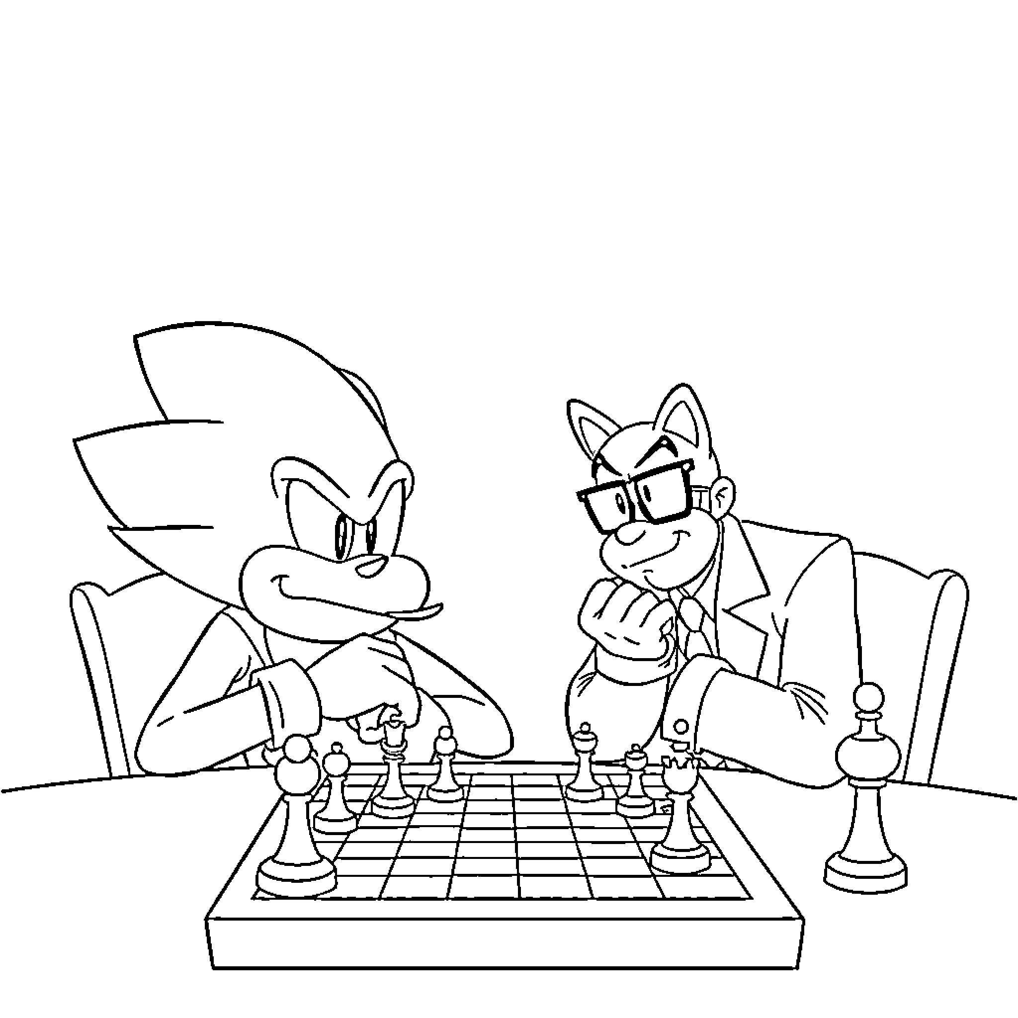Eggman playing chess with his sidekick Coloring Page (free black-and-white line drawing printable PDF for all, from beginners to advanced learners, including children, teens, adults, and seniors)