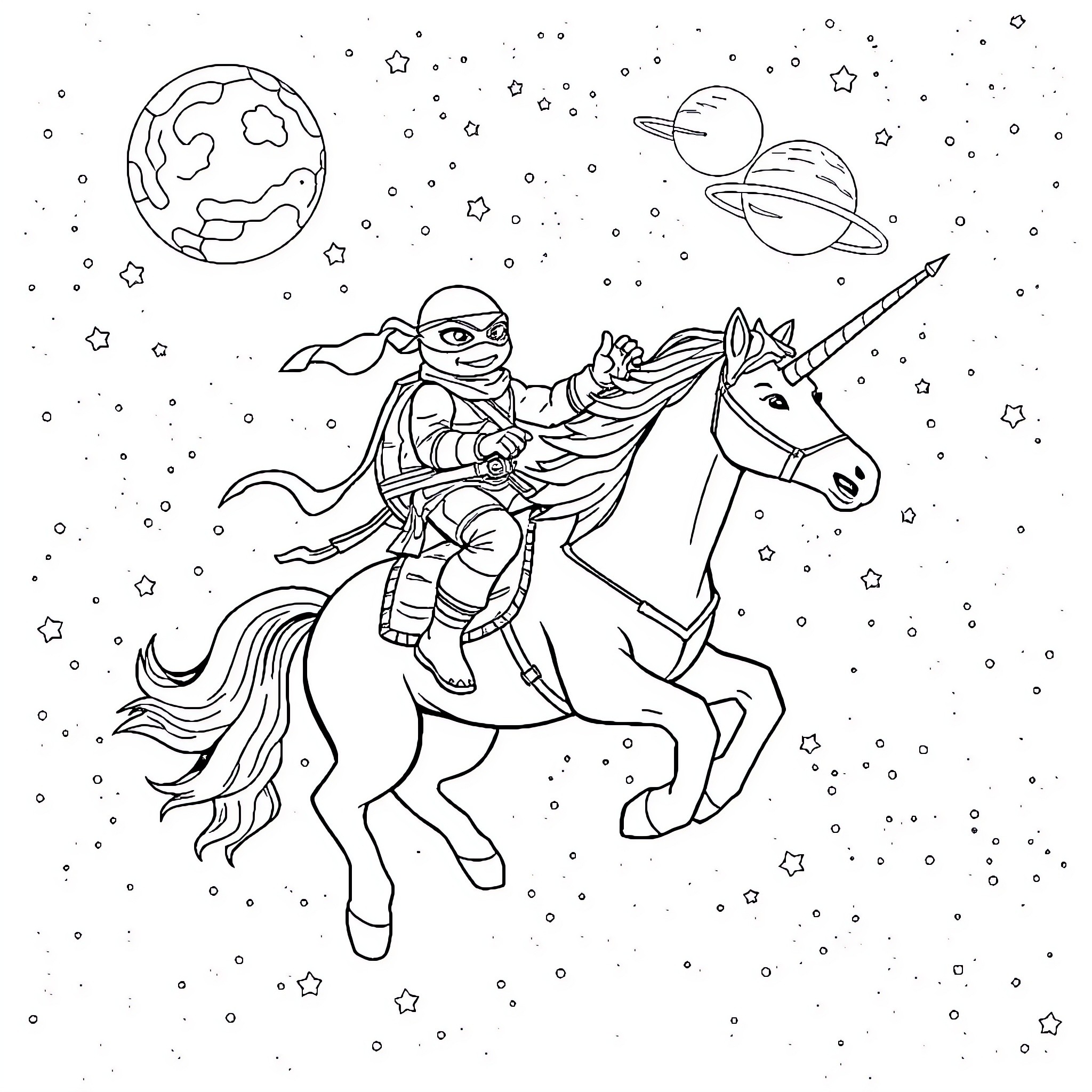Ninja Turtle riding a unicorn in outer space Coloring Page (free black-and-white line drawing printable PDF for all, from beginners to advanced learners, including children, teens, adults, and seniors)