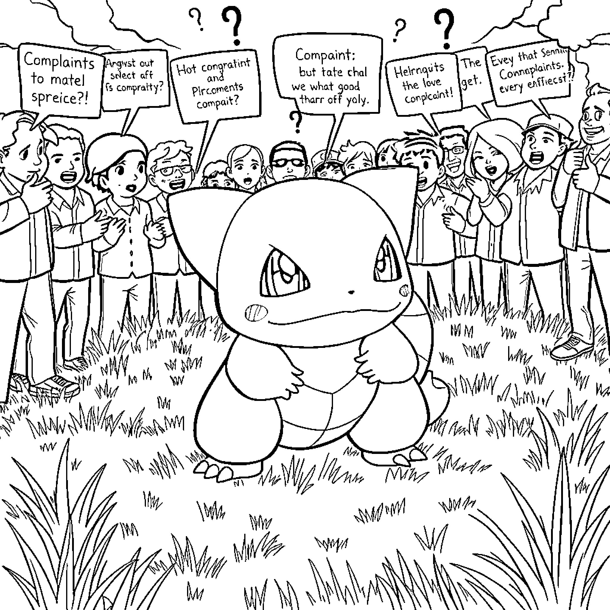 Bulbasaur surrounded by concerned people with questions Coloring Page (free black-and-white line drawing printable PDF for all, from beginners to advanced learners, including children, teens, adults, and seniors)