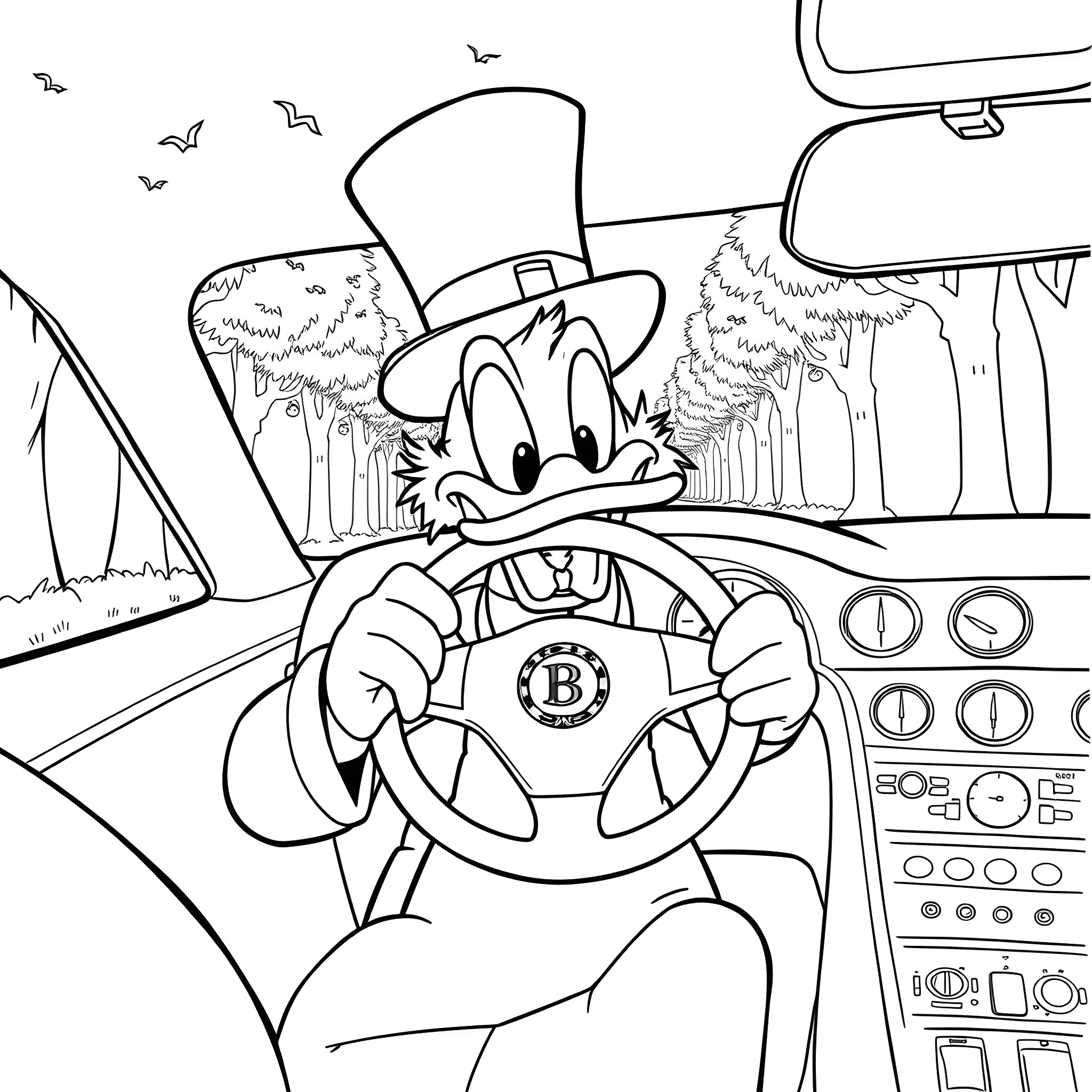 Scrooge McDuck driving a car through the countryside Coloring Page (free black-and-white line drawing printable PDF for all, from beginners to advanced learners, including children, teens, adults, and seniors)