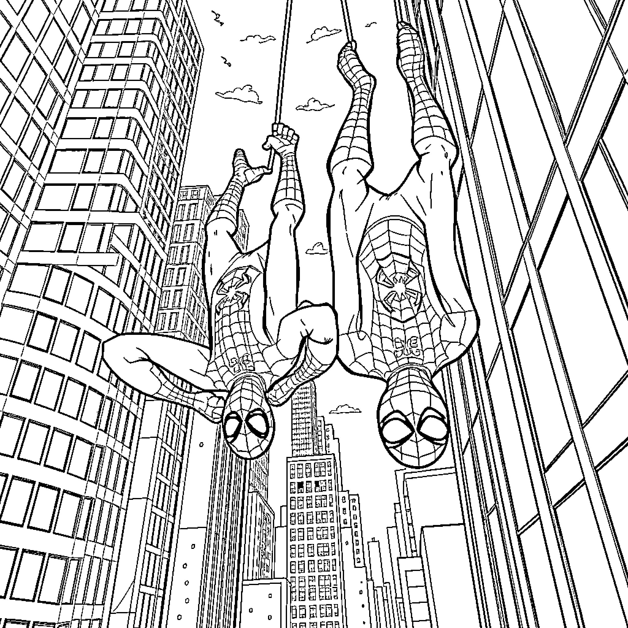 Spider-Man swinging through the city skyline Coloring Page (free black-and-white line drawing printable PDF for all, from beginners to advanced learners, including children, teens, adults, and seniors)