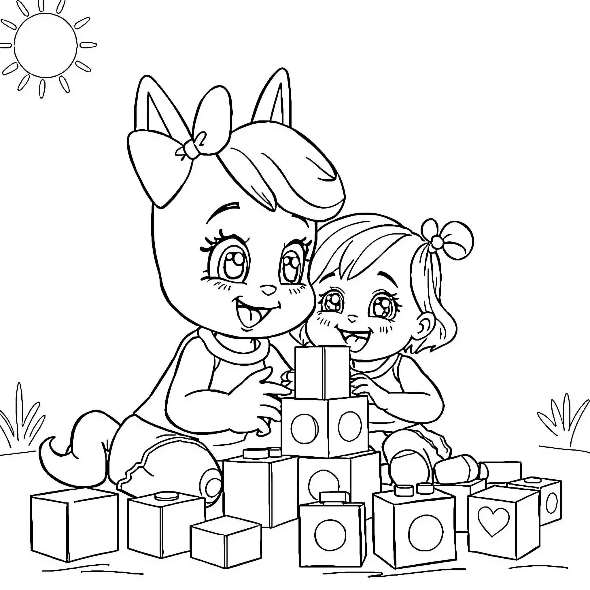 Bluey playing with blocks with friend Coloring Page (free black-and-white line drawing printable PDF for all, from beginners to advanced learners, including children, teens, adults, and seniors)