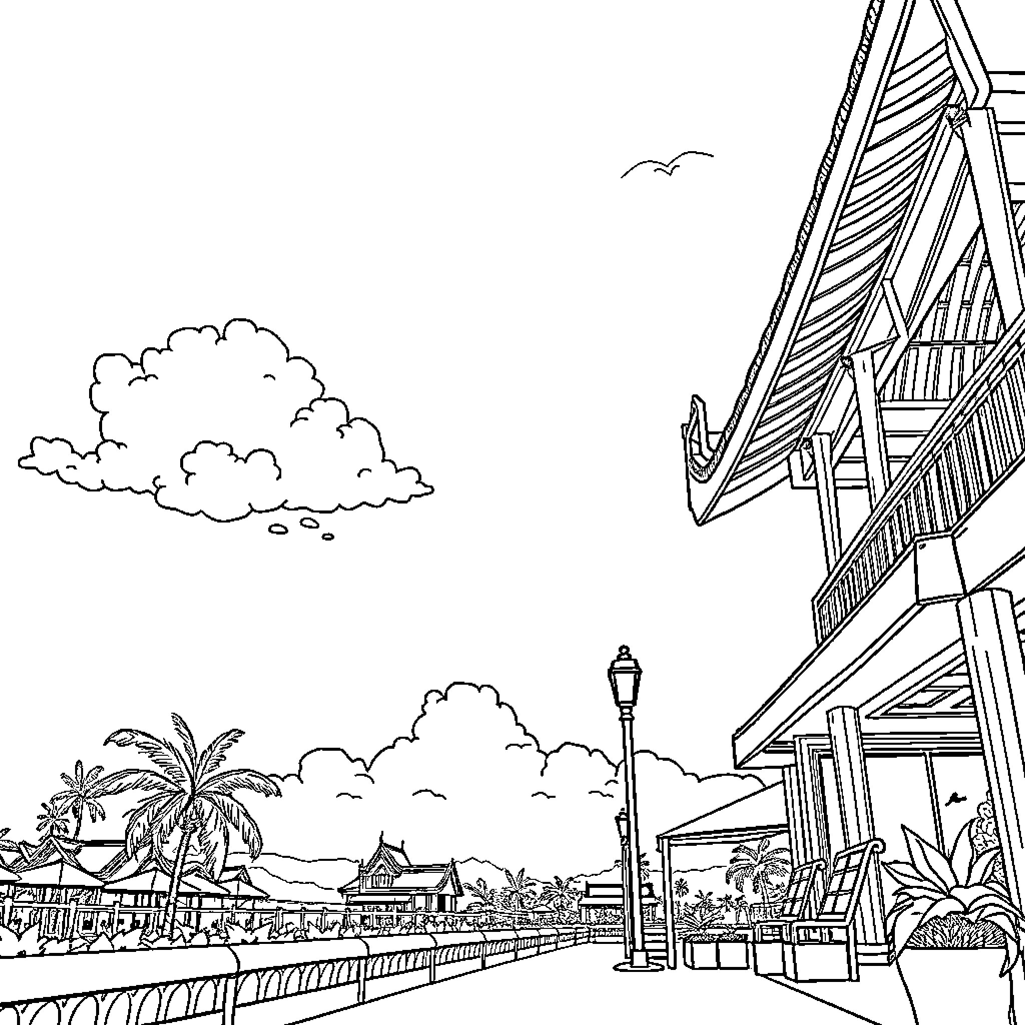 Weather Scenery of Tropical Coastal Town Coloring Page (free black-and-white line drawing printable PDF for all, from beginners to advanced learners, including children, teens, adults, and seniors)